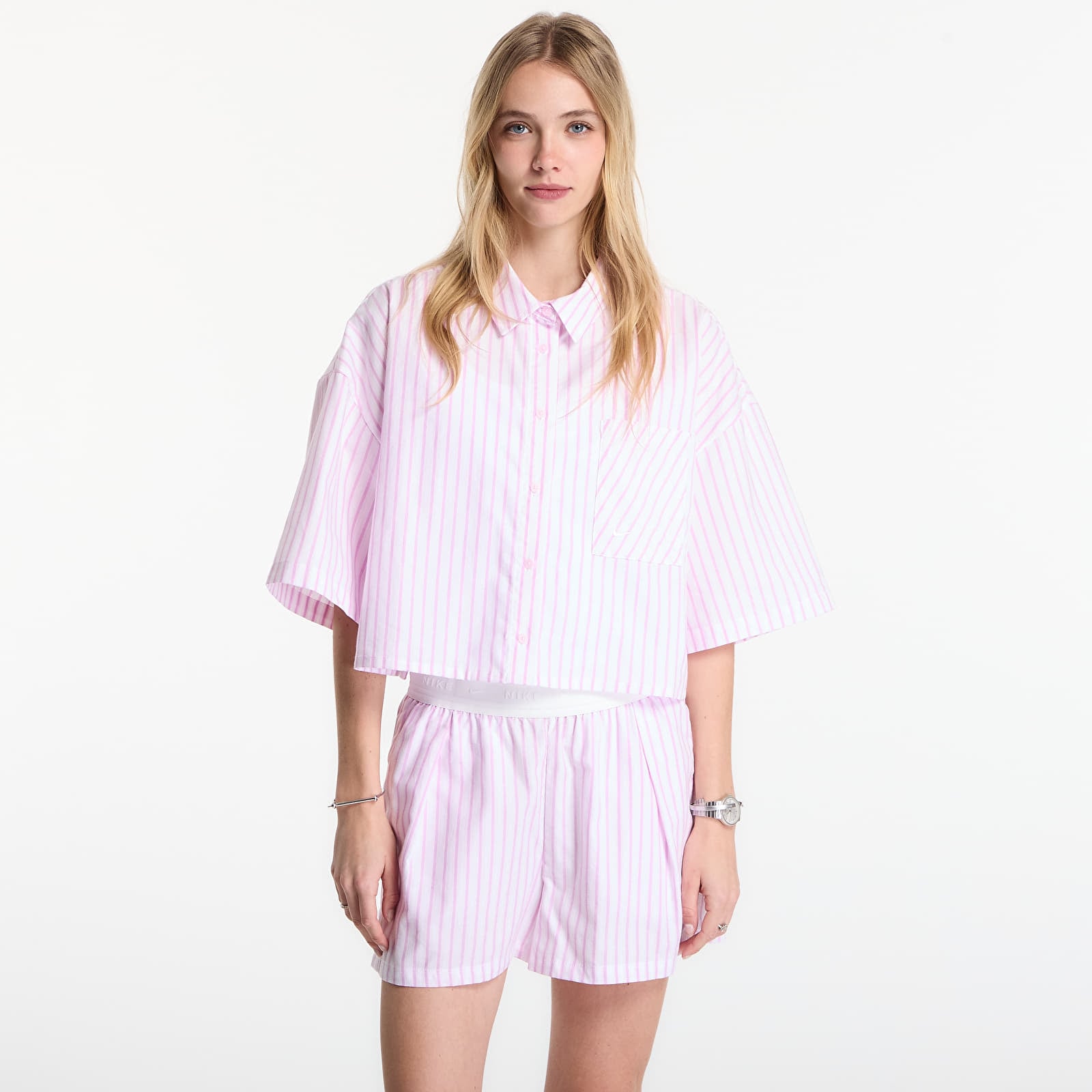 Hemden Nike Sportswear Chill Poplin Women's Oversized Short-Sleeve Top Lt Magenta/ Pink Foam/ Summit White