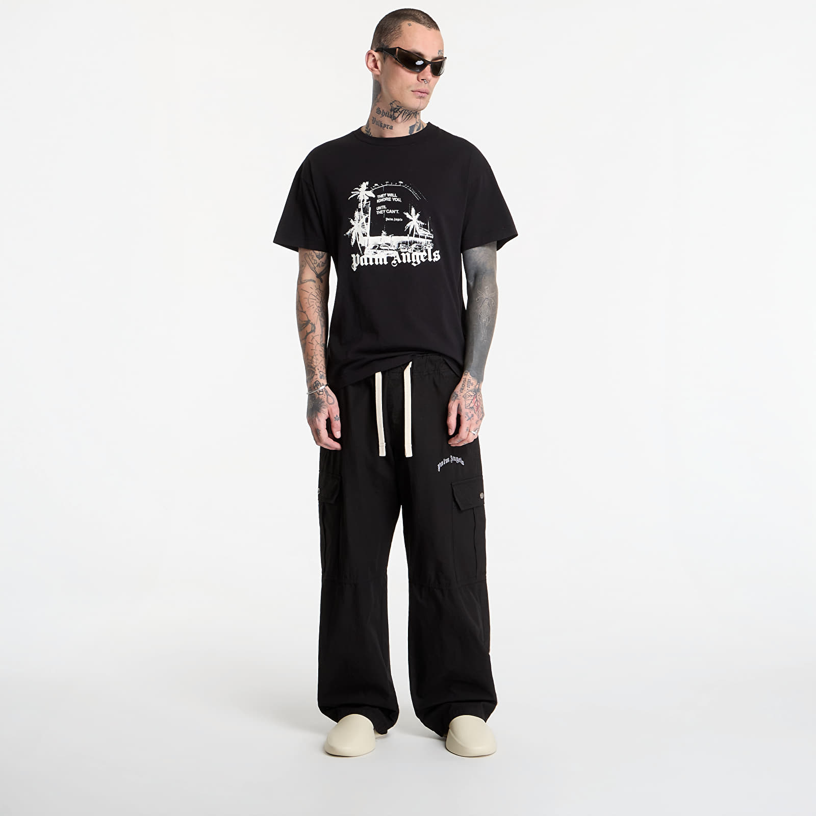 Hlače Palm Angels Curved Logo Loose Cargo Pants Black/ Off White