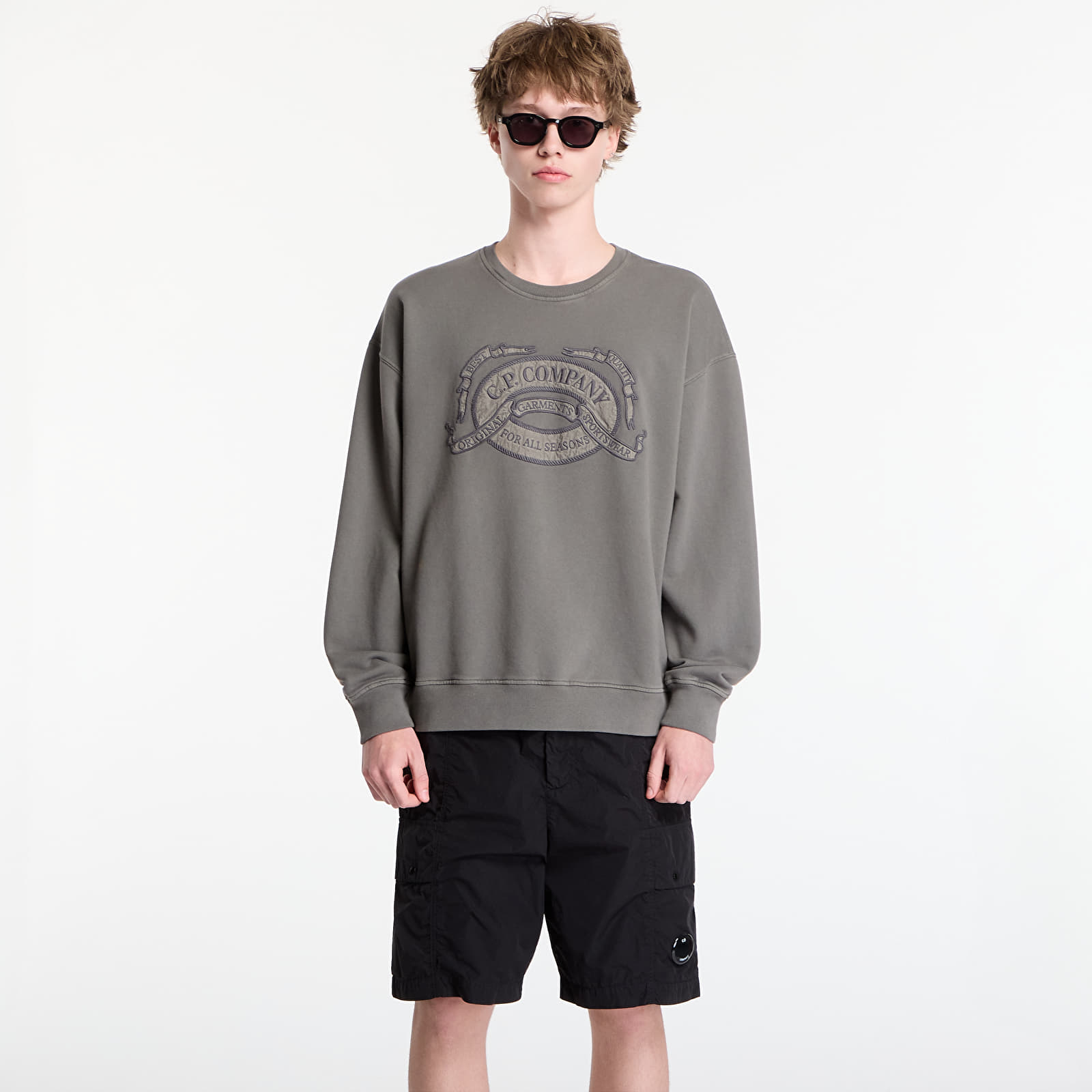 Moški hoodiji  C.P. Company Diagonal Fleece Boxy Logo Crewneck Sweatshirt Gunmetal