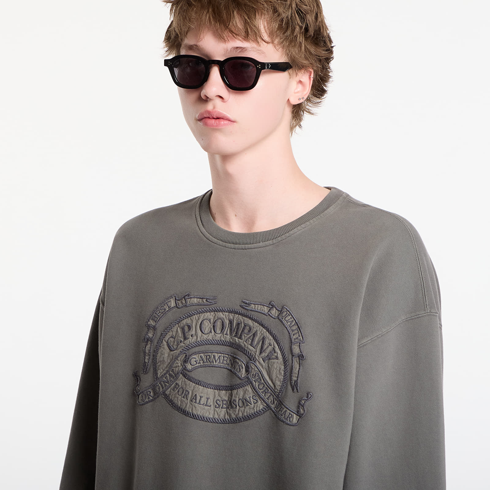 Moški hoodiji  C.P. Company Diagonal Fleece Boxy Logo Crewneck Sweatshirt Gunmetal