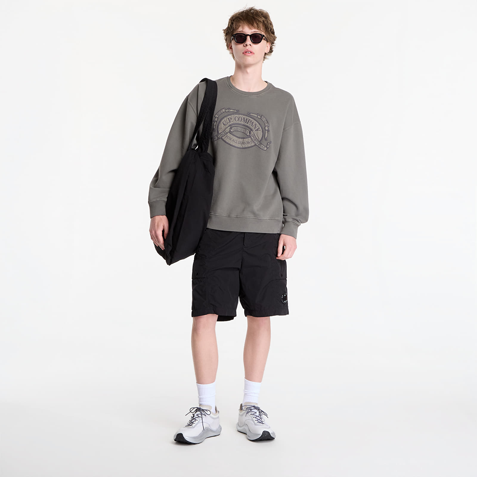 Moški hoodiji  C.P. Company Diagonal Fleece Boxy Logo Crewneck Sweatshirt Gunmetal