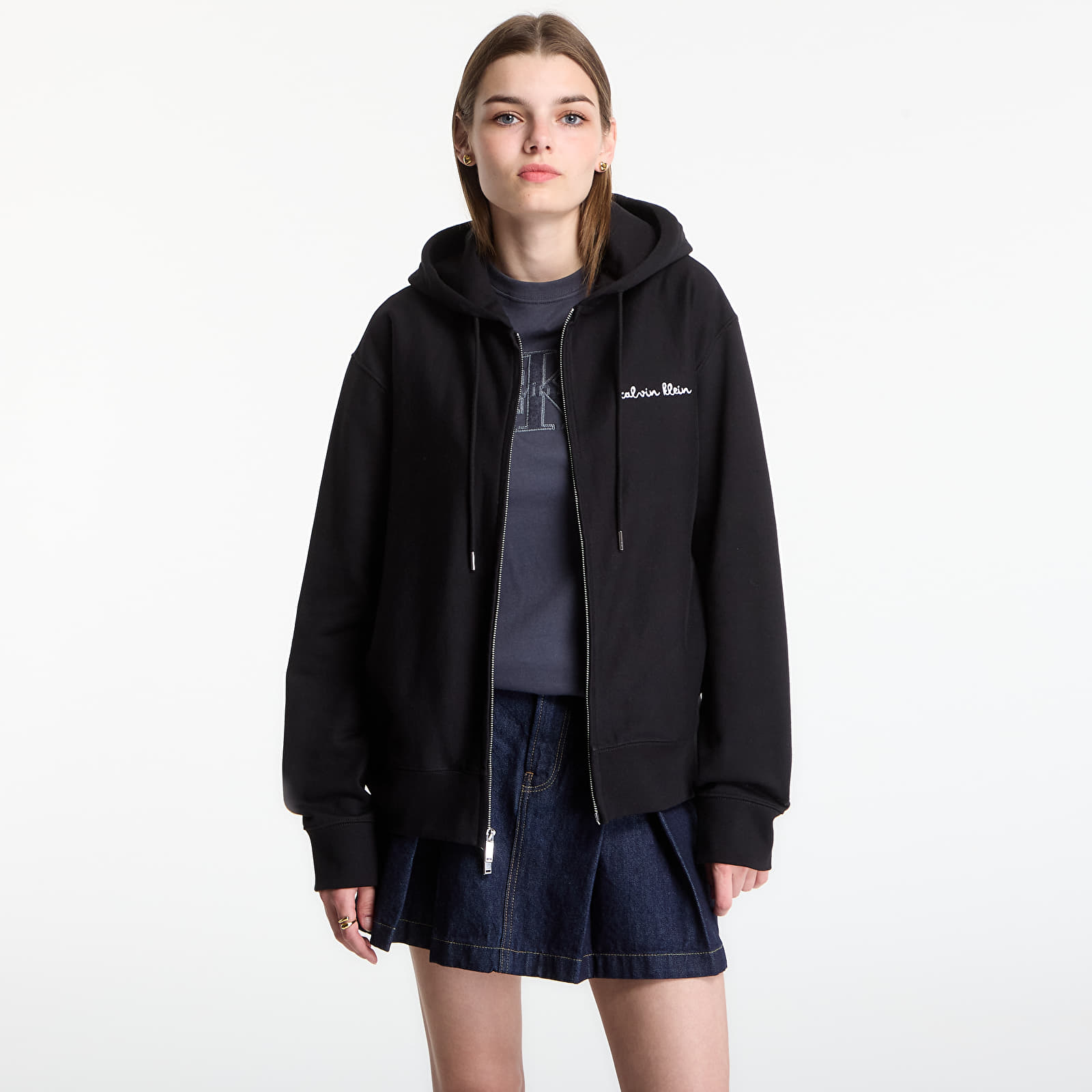 Hoodies für Frauen Calvin Klein LS Prm Tery Script FZ Hoodie Black
