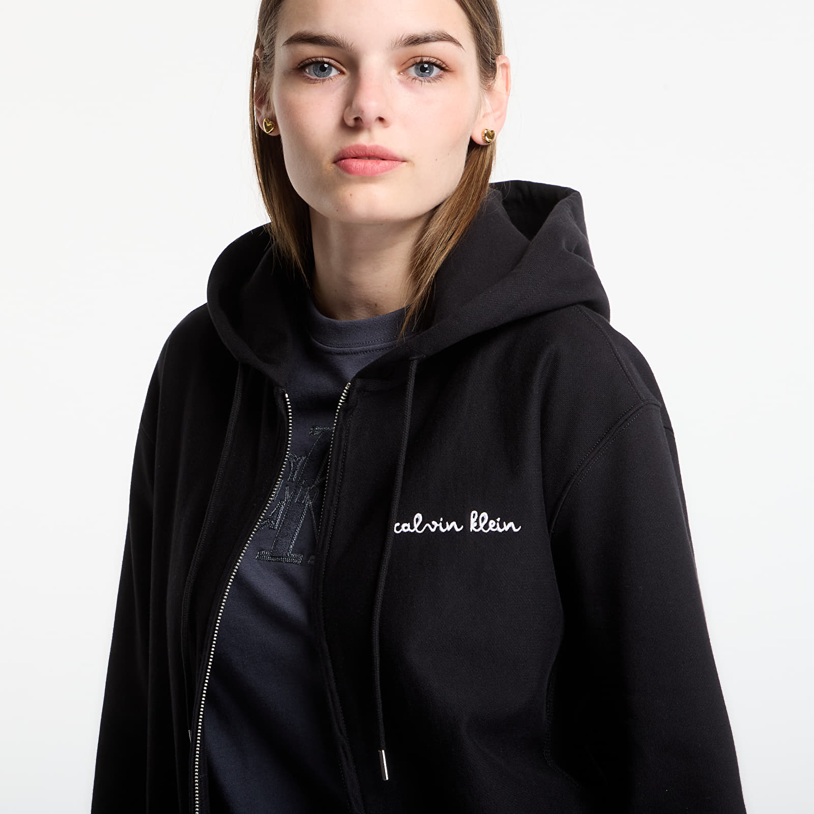 Hoodies für Frauen Calvin Klein LS Prm Tery Script FZ Hoodie Black