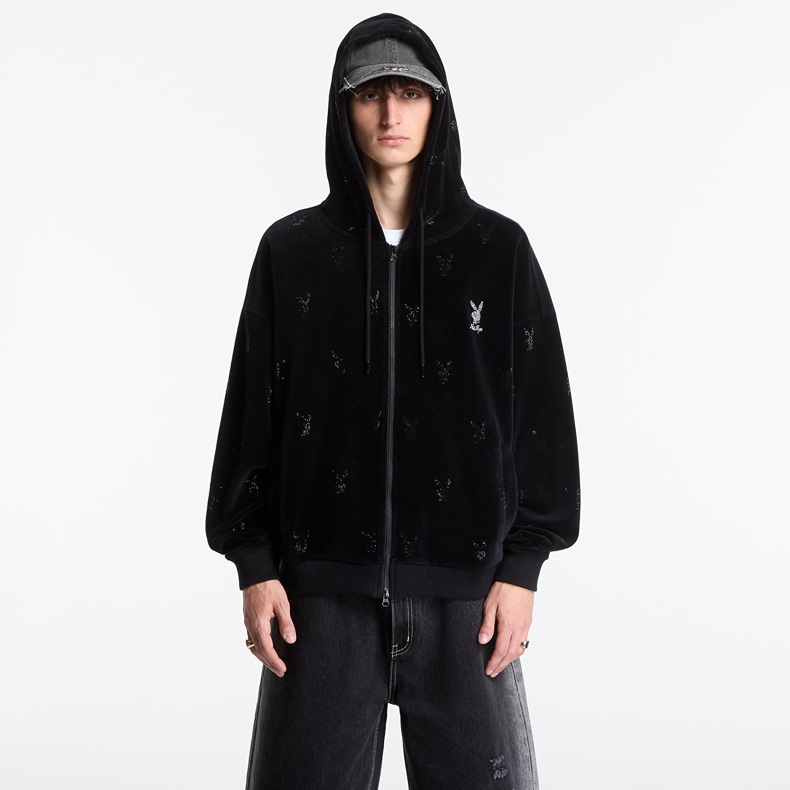 Felpe con cappuccio uomo Playboy x FTSHP Velvet Hoodie Black
