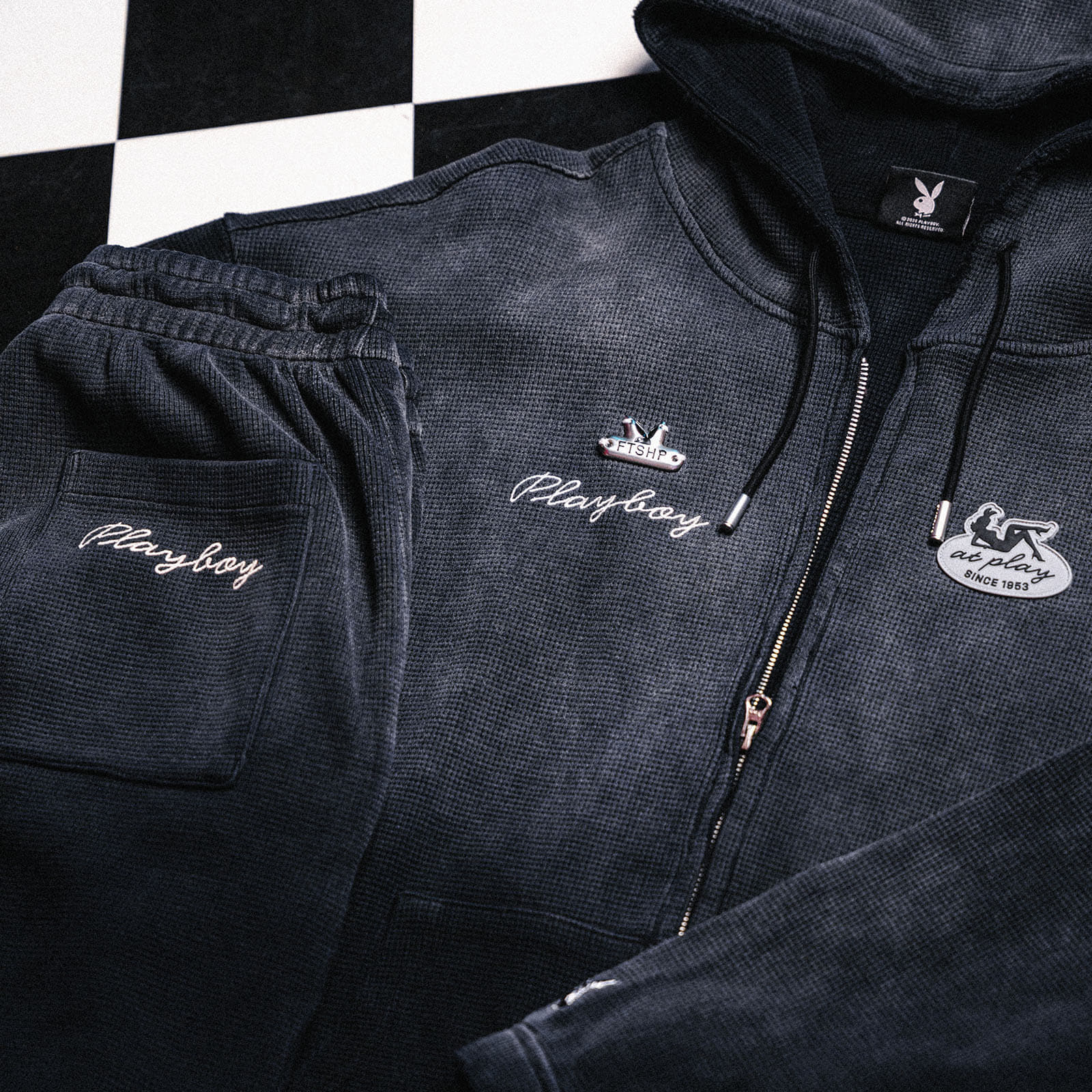 Felpe con cappuccio uomo Playboy x FTSHP Waffle Hoodie Dark Grey