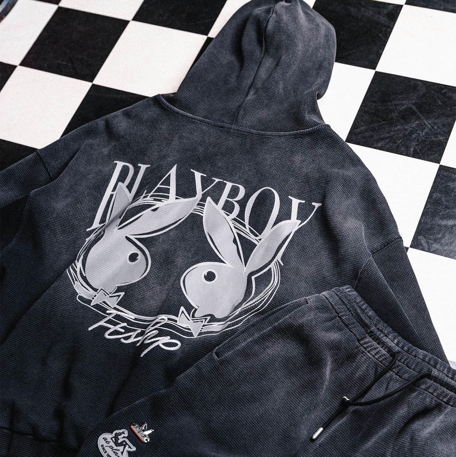 Felpe con cappuccio uomo Playboy x FTSHP Waffle Hoodie Dark Grey