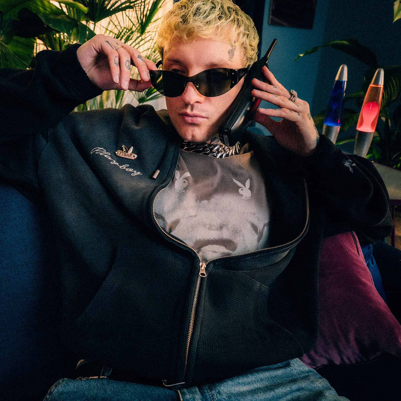 Felpe con cappuccio uomo Playboy x FTSHP Waffle Hoodie Dark Grey