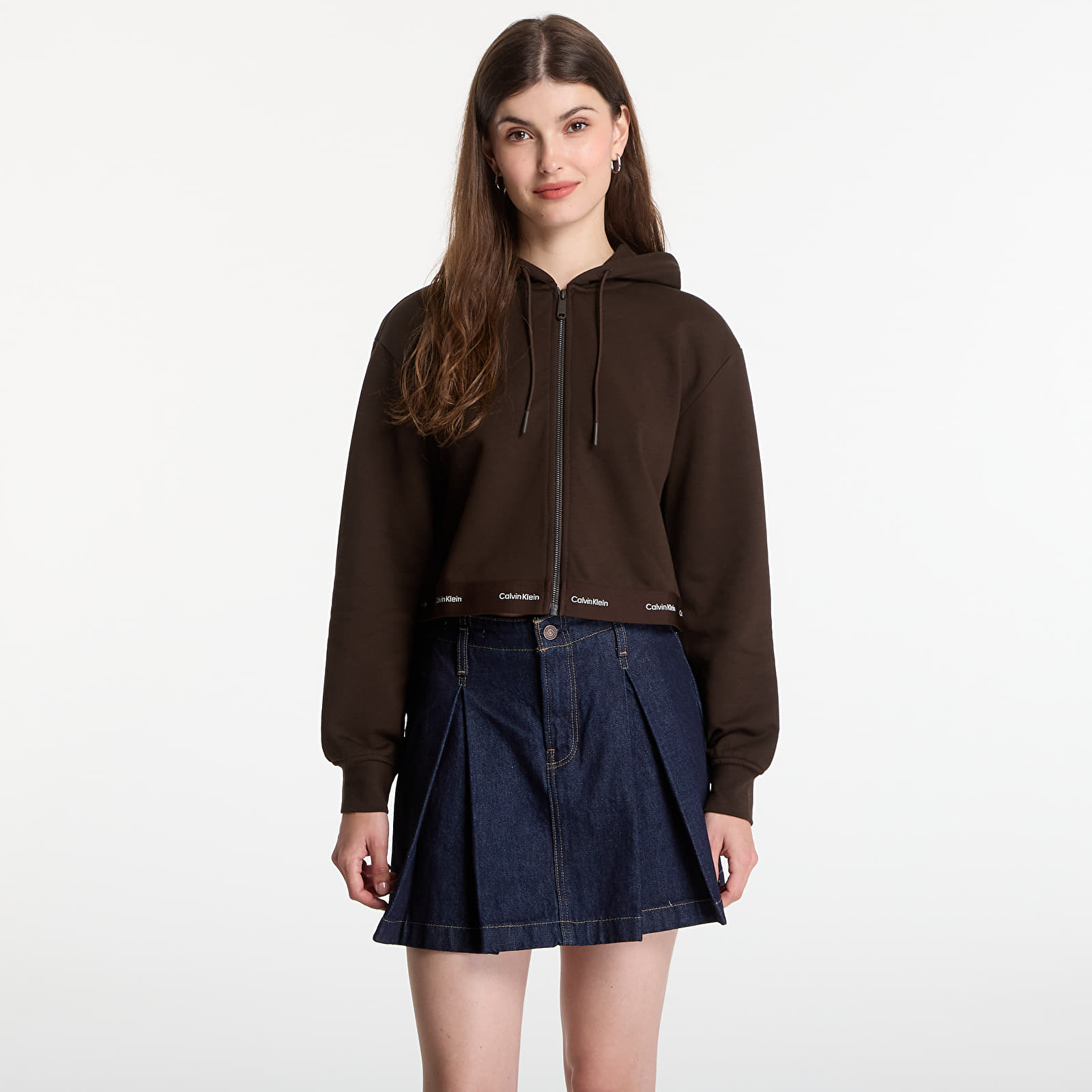 Women's hoodies Calvin Klein Jeans Ls Terry Logo Waist Cropped Fz Hoodie Dark Coffee