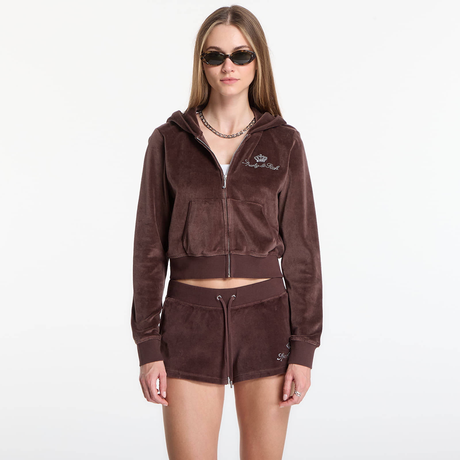 Mikiny Sporty & Rich Juicy Script Velour Zip Hoodie Chocolate