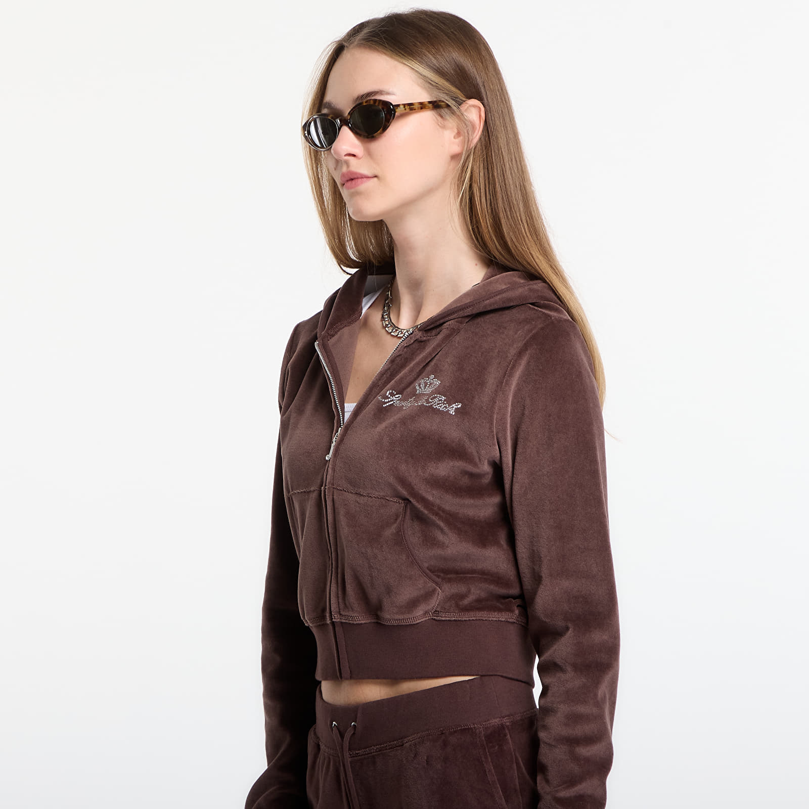 Mikiny Sporty & Rich Juicy Script Velour Zip Hoodie Chocolate