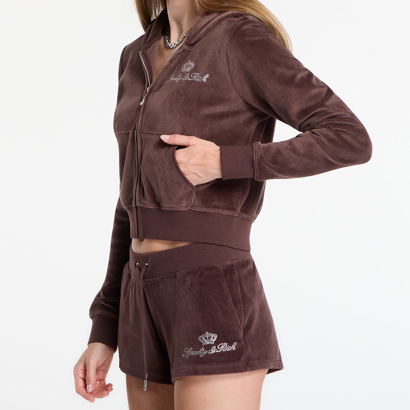Mikiny Sporty & Rich Juicy Script Velour Zip Hoodie Chocolate