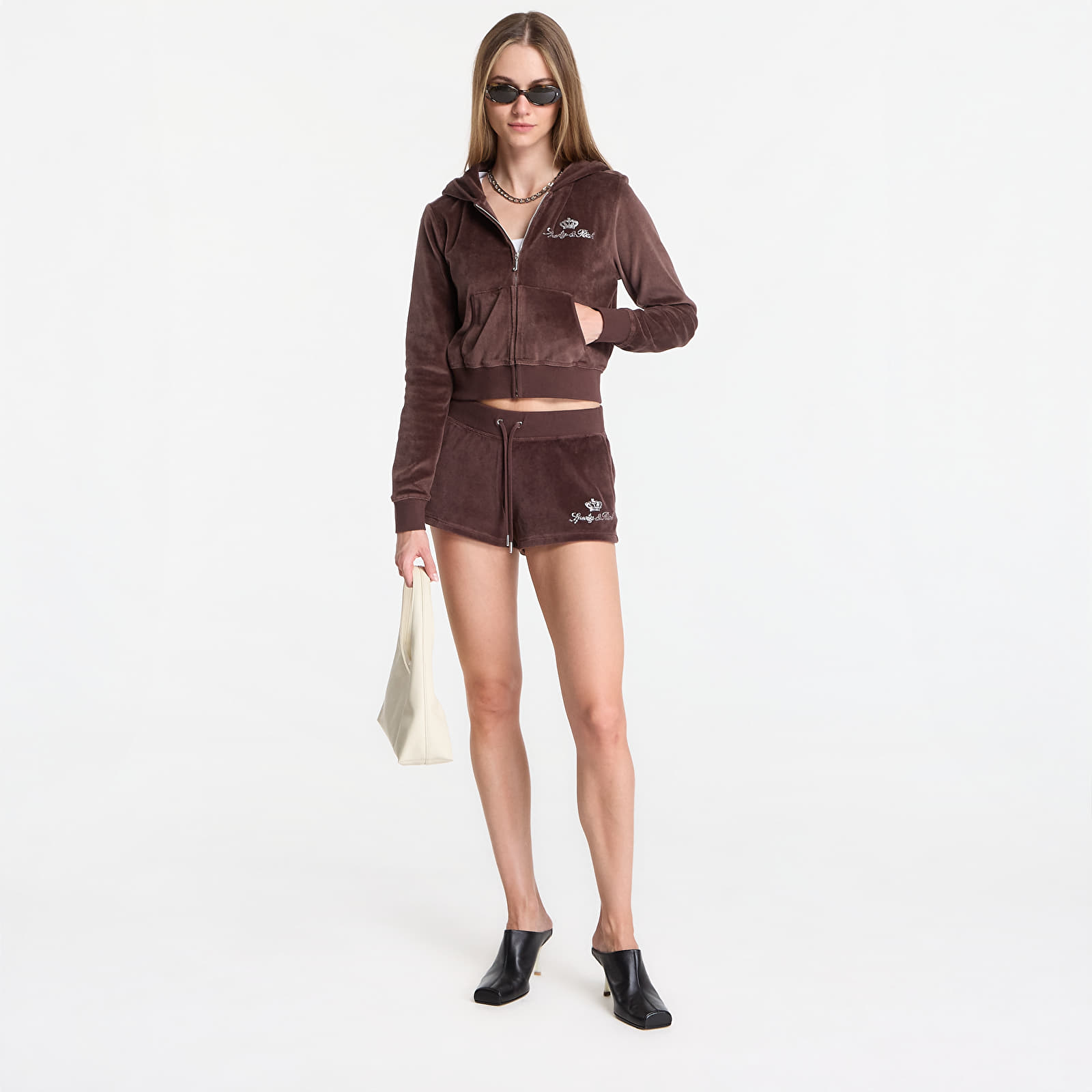 Mikiny Sporty & Rich Juicy Script Velour Zip Hoodie Chocolate