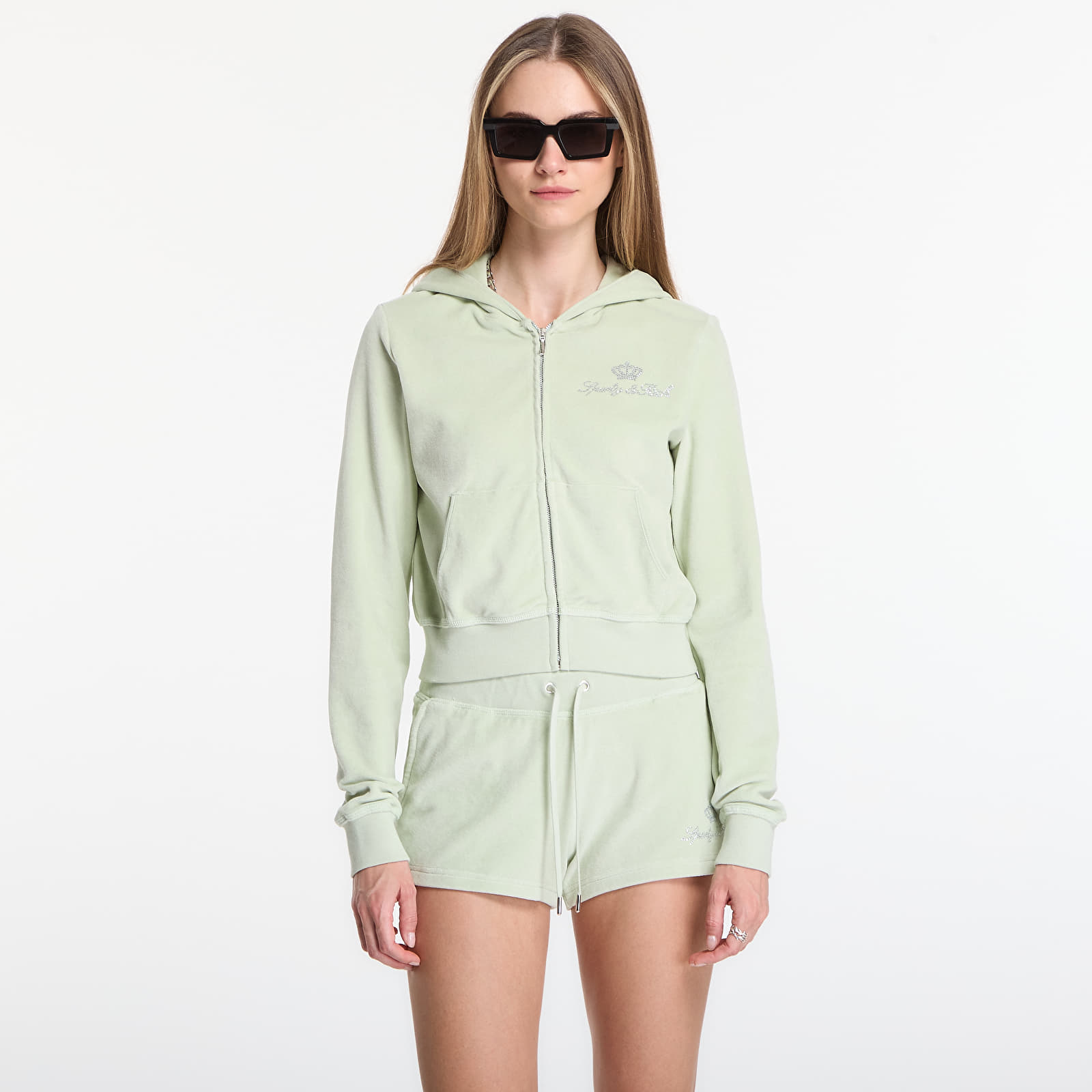 Mikiny Sporty & Rich Juicy Script Velour Zip Hoodie Sage