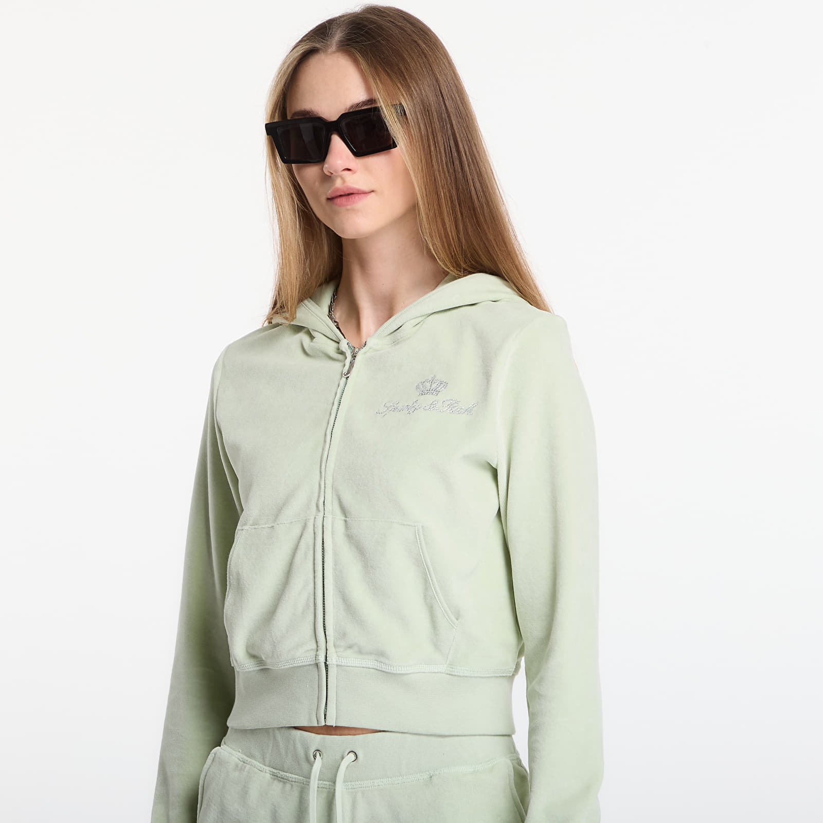 Mikiny Sporty & Rich Juicy Script Velour Zip Hoodie Sage