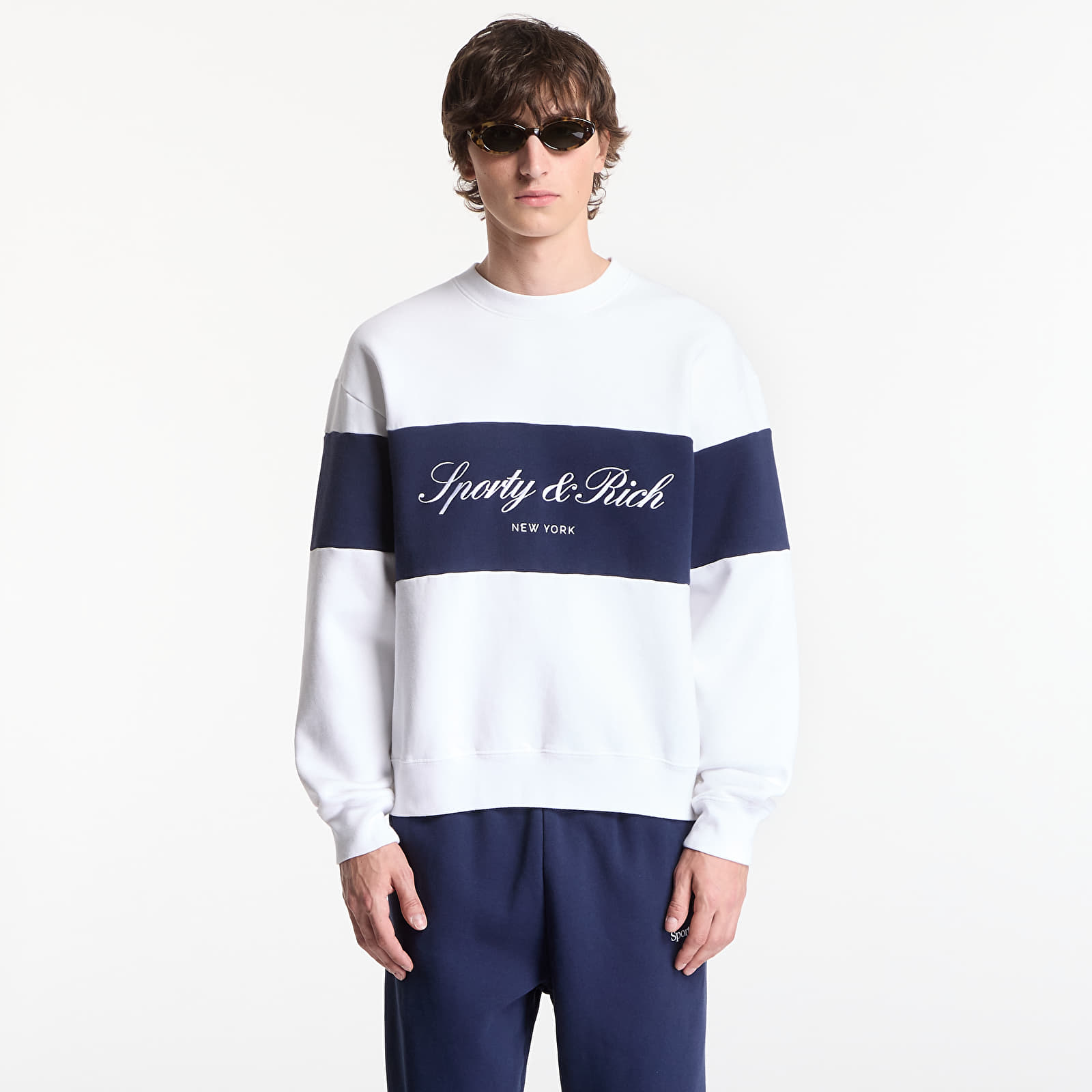 Hoodies and sweatshirts  Sporty & Rich Signature Logo Block Crewneck UNISEX White/ Dark Navy