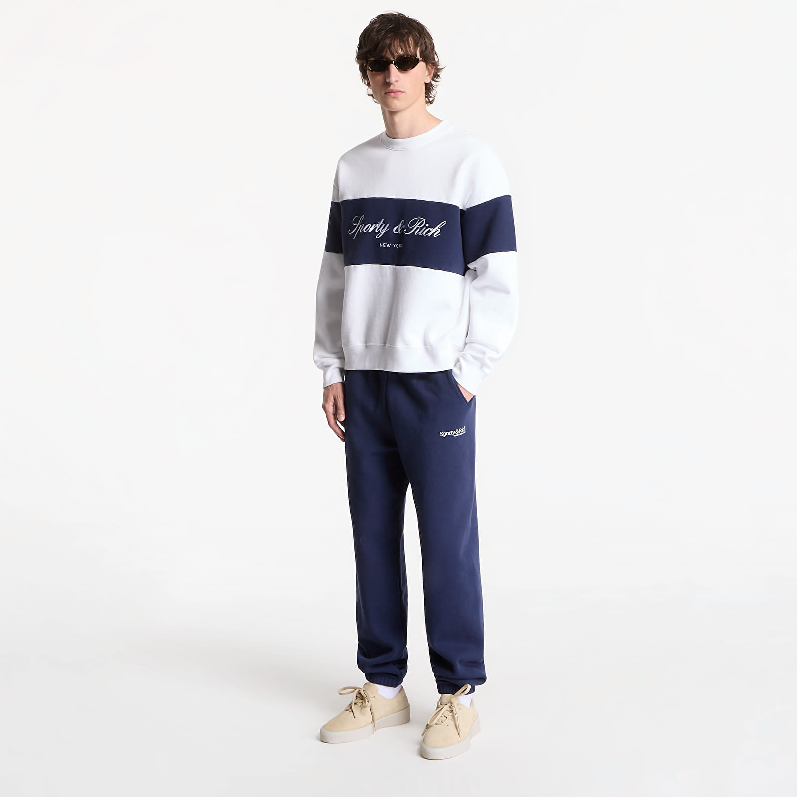 Hoodies and sweatshirts  Sporty & Rich Signature Logo Block Crewneck UNISEX White/ Dark Navy