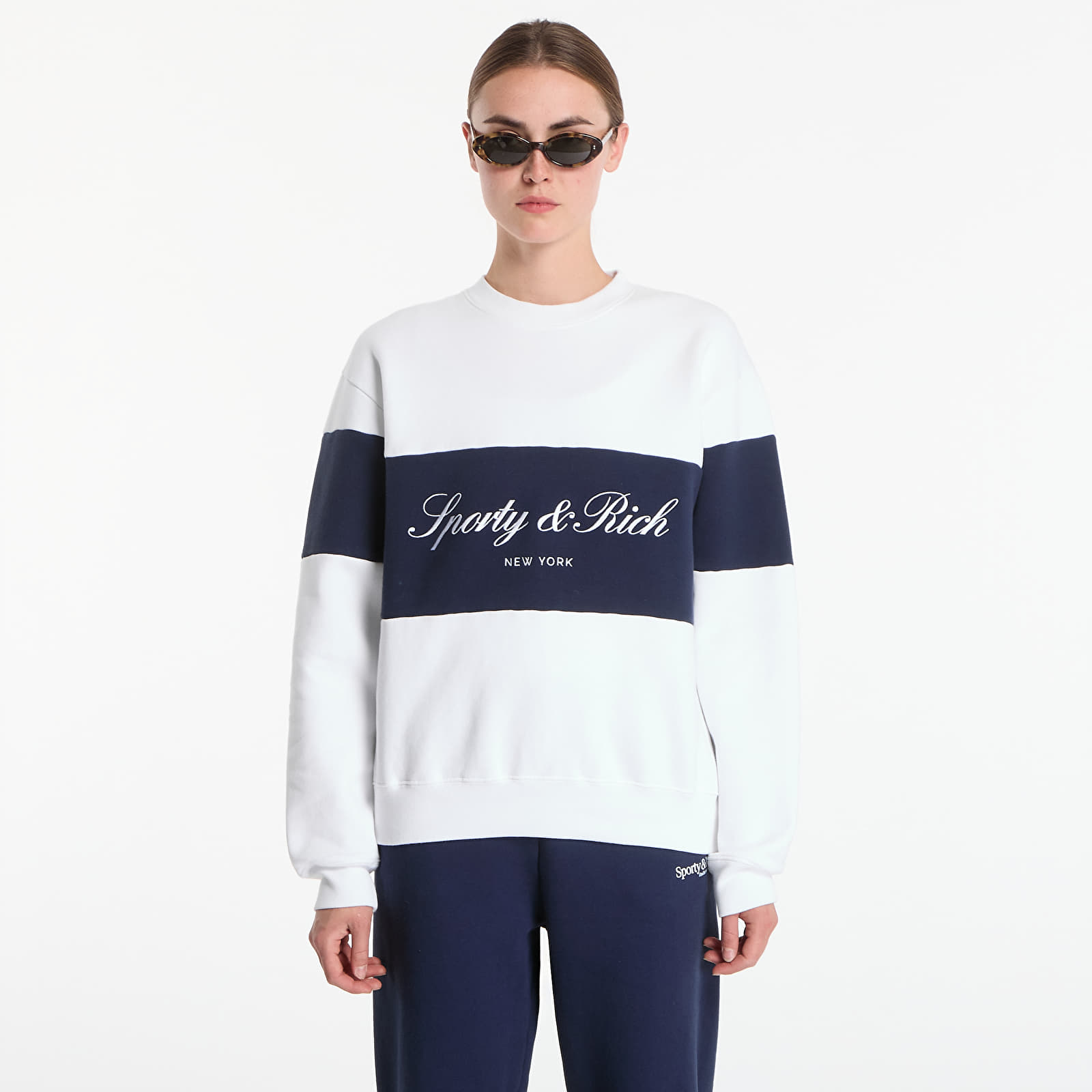 Hoodies and sweatshirts  Sporty & Rich Signature Logo Block Crewneck UNISEX White/ Dark Navy