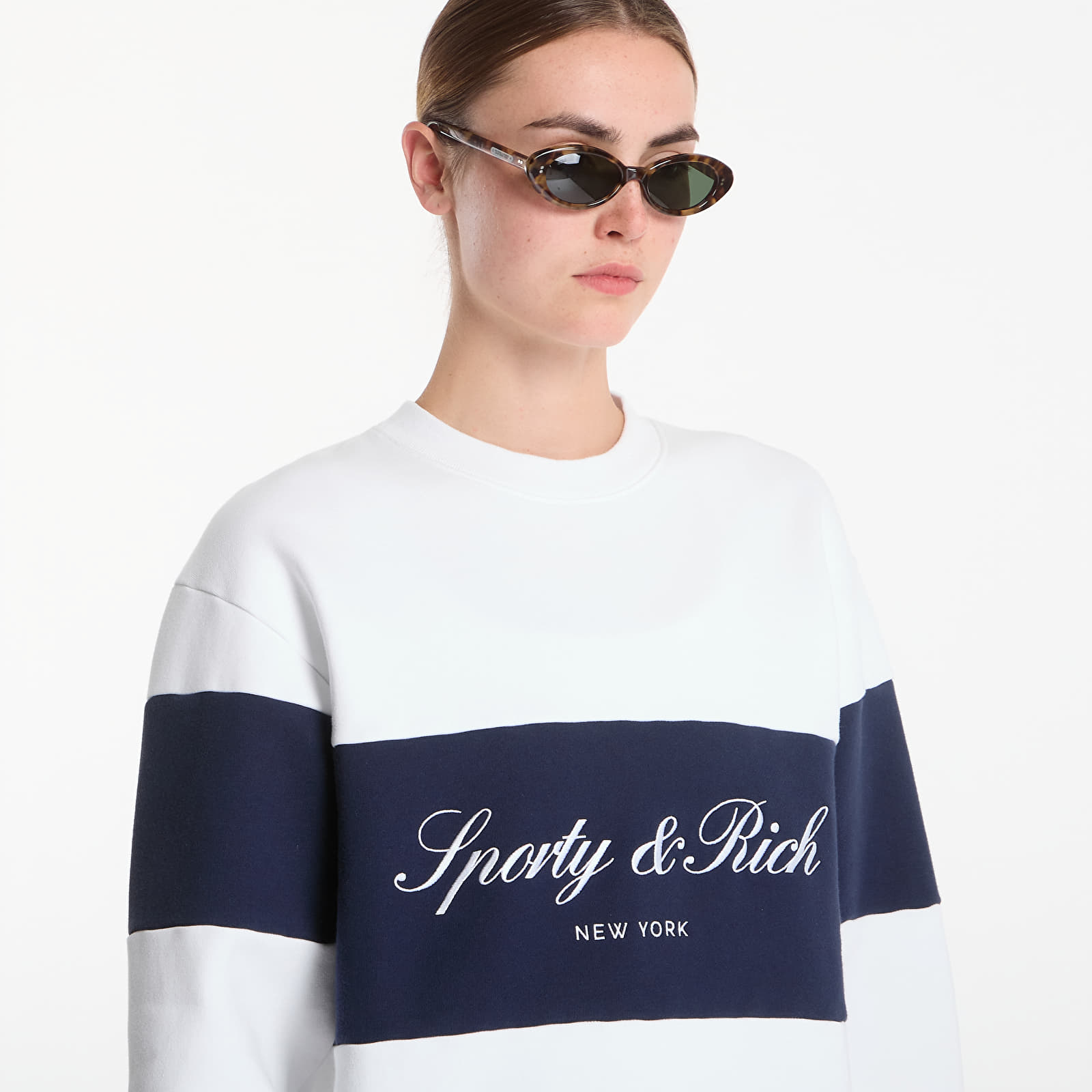 Hoodies and sweatshirts  Sporty & Rich Signature Logo Block Crewneck UNISEX White/ Dark Navy