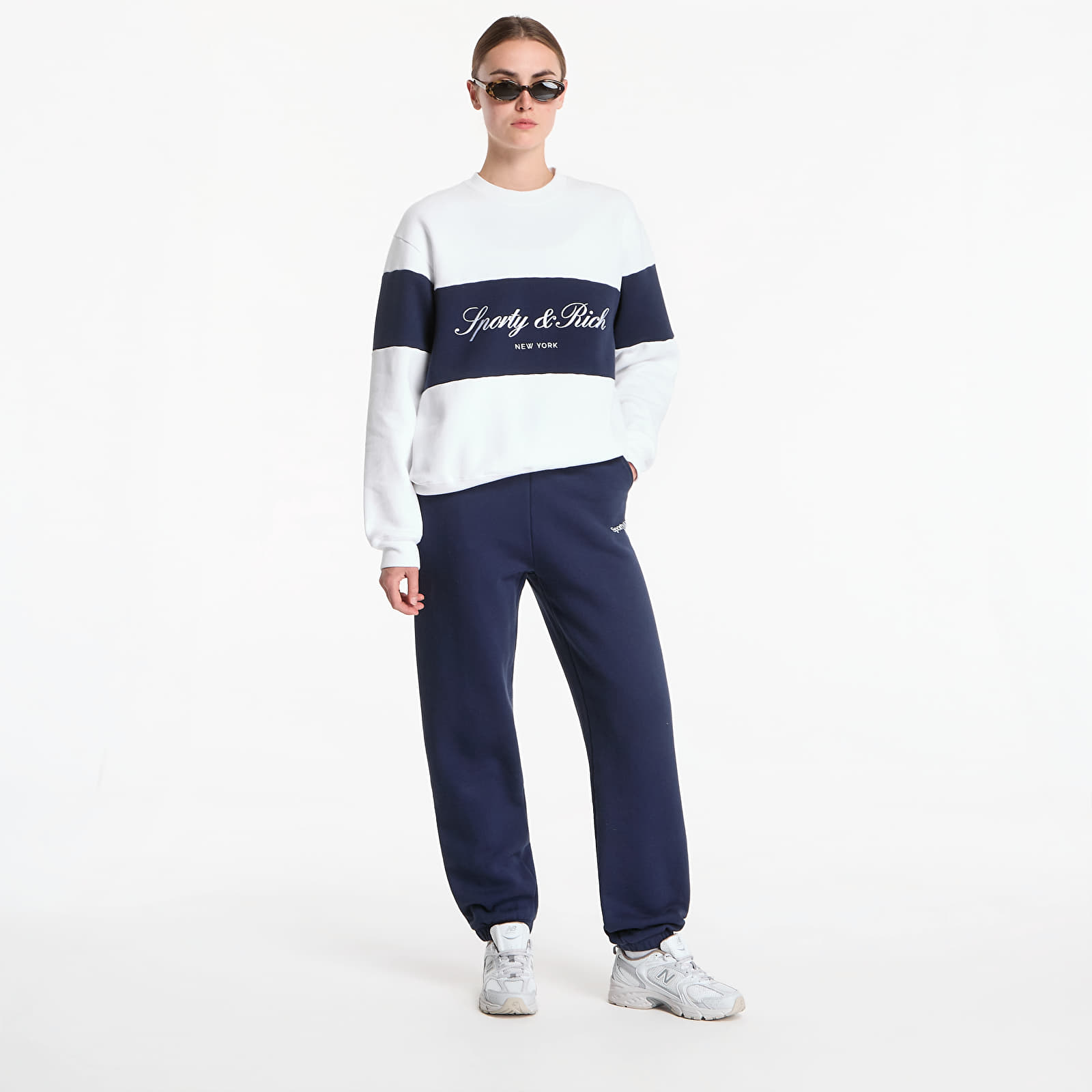 Hoodies and sweatshirts  Sporty & Rich Signature Logo Block Crewneck UNISEX White/ Dark Navy