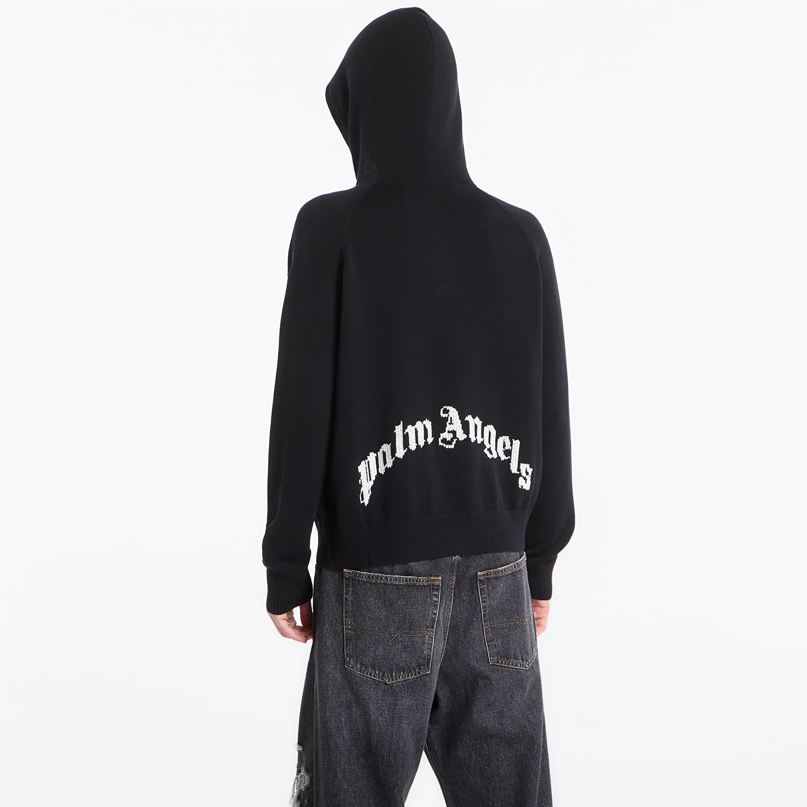 Tröjor Palm Angels Curved Logo Regular Knit Hoodie Black/ Off White