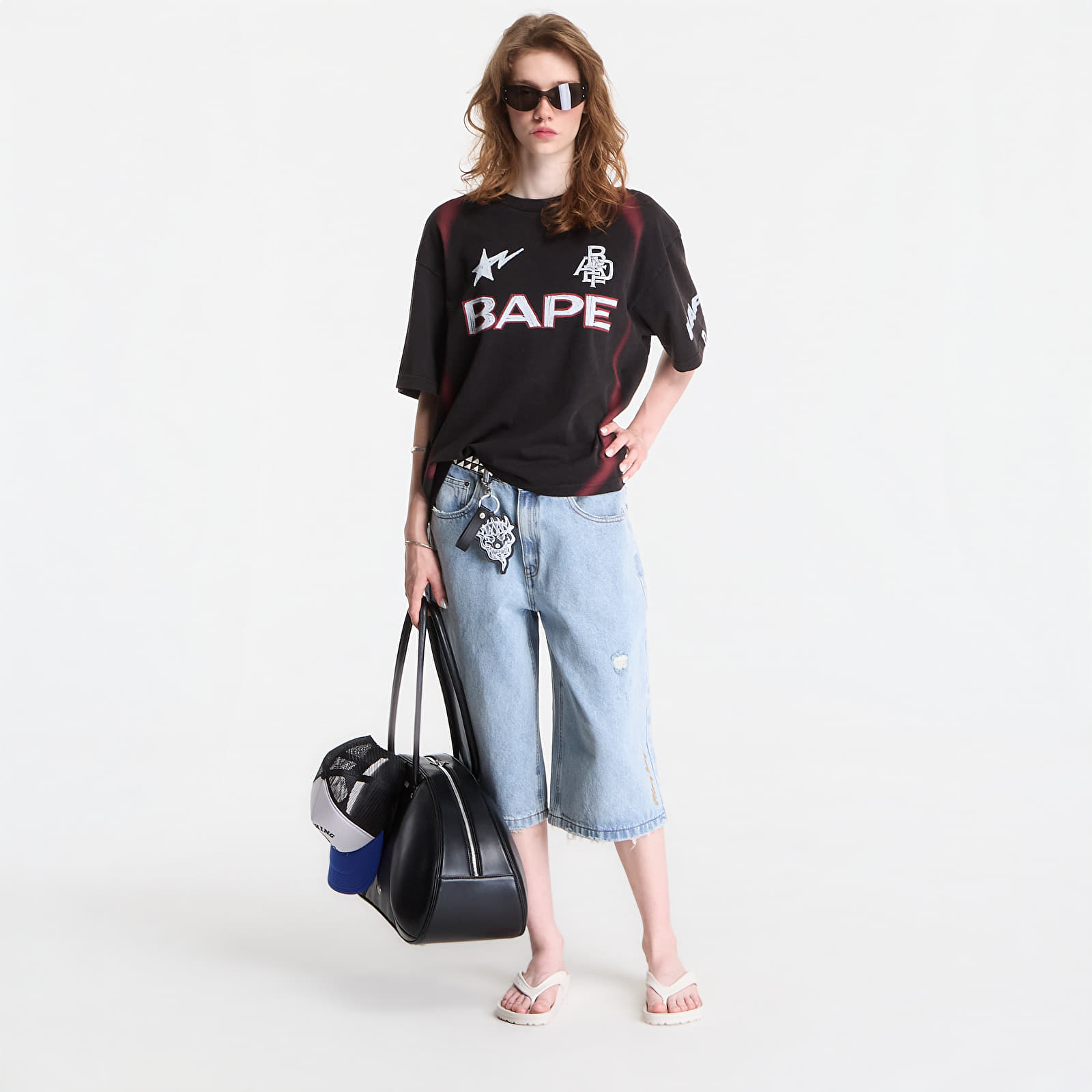 T-shirts A Bathing Ape Heavy Wash Hand Draw Football Multi Logo Relaxed Fit Tee UNISEX Black