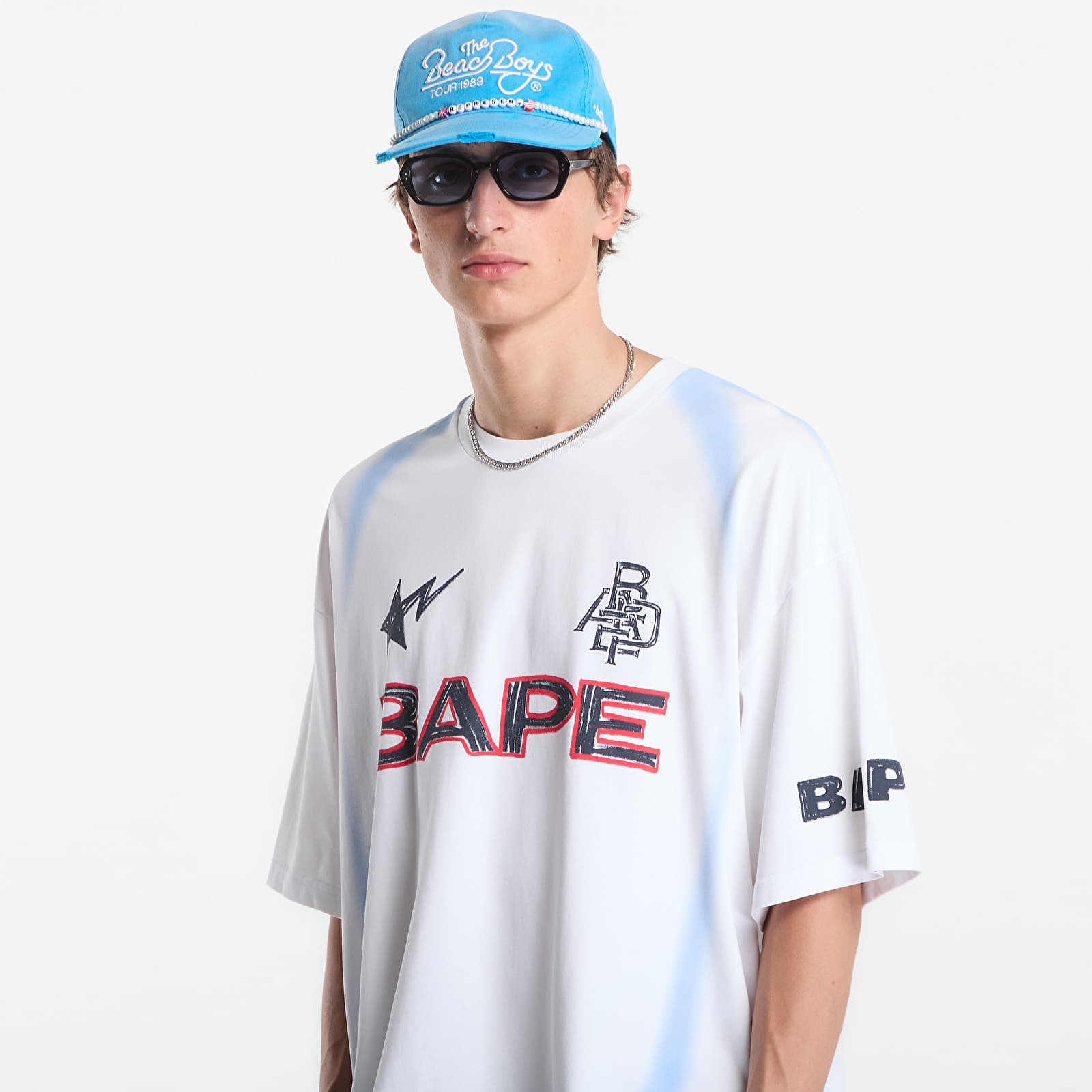 T-Shirts A Bathing Ape Heavy Wash Hand Draw Football Multi Logo Relaxed Fit Tee UNISEX White