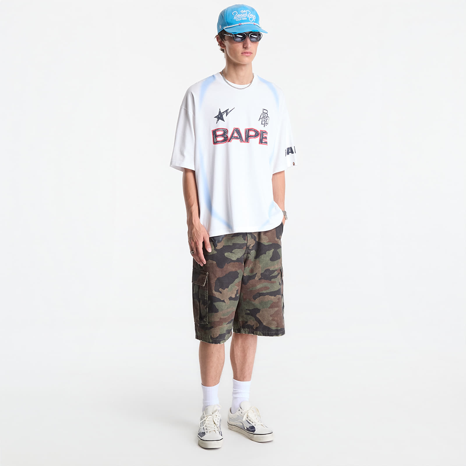 T-Shirts A Bathing Ape Heavy Wash Hand Draw Football Multi Logo Relaxed Fit Tee UNISEX White