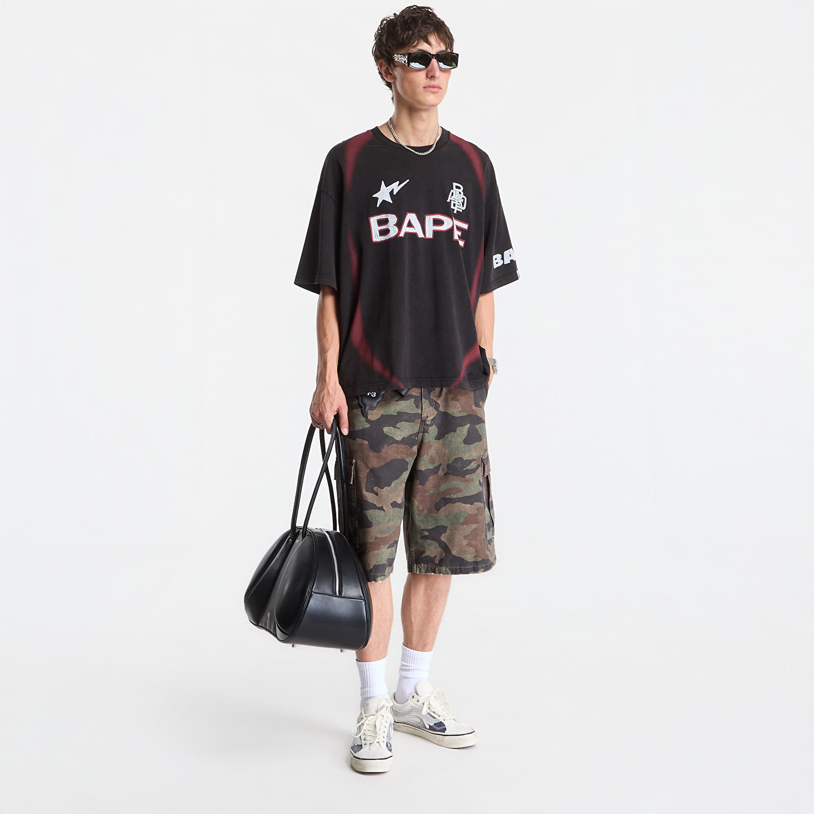 Majice T-shirt A Bathing Ape Heavy Wash Hand Draw Football Multi Logo Relaxed Fit Tee UNISEX Black