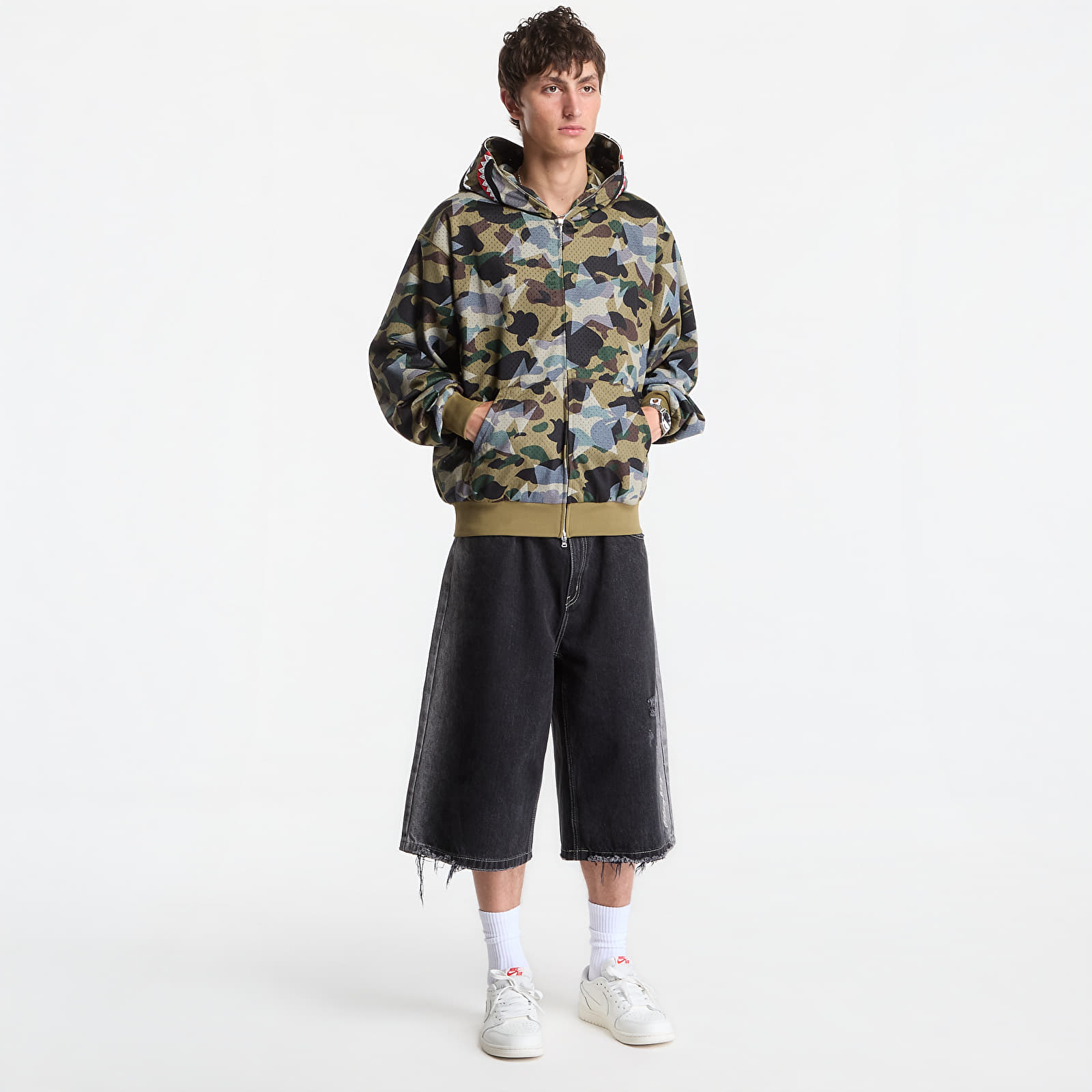 Sweatjacken und Sweatshirts A Bathing Ape Sta Over Print 1st Camo Mesh Shark Cropped Fit Full Zip Hoodie UNISEX Green