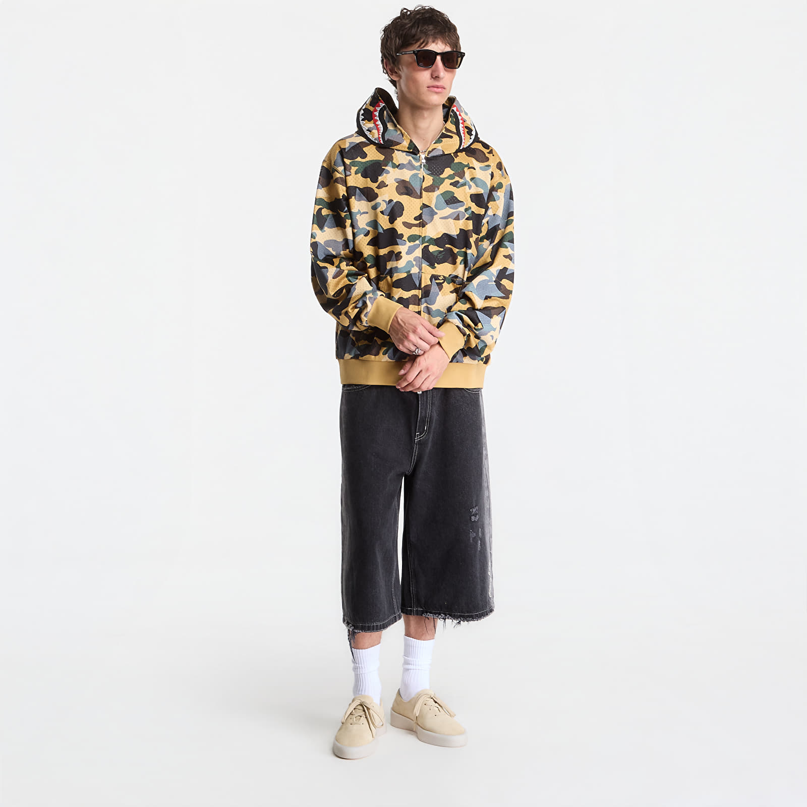 Mikiny A Bathing Ape Sta Over Print 1st Camo Mesh Shark Cropped Fit Full Zip Hoodie UNISEX Yellow