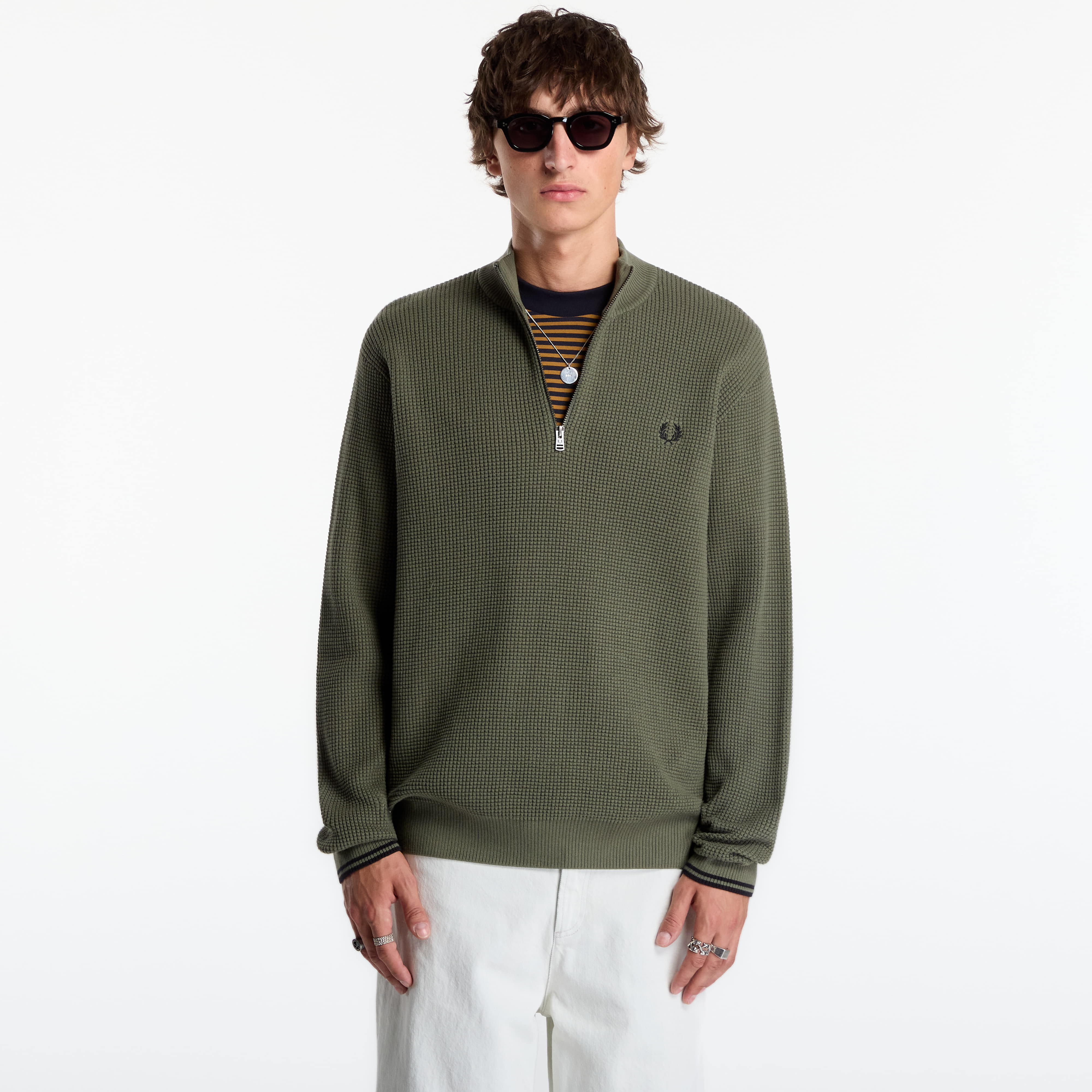 Sweater FRED PERRY Waffle Stitch Half Zip Jumper Lrl Wrth Green L