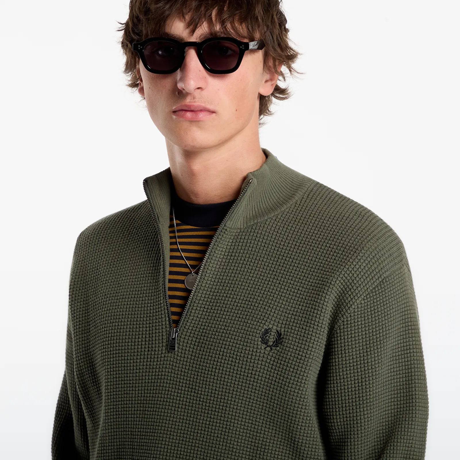 Svetre FRED PERRY Waffle Stitch Half Zip Jumper Lrl Wrth Green
