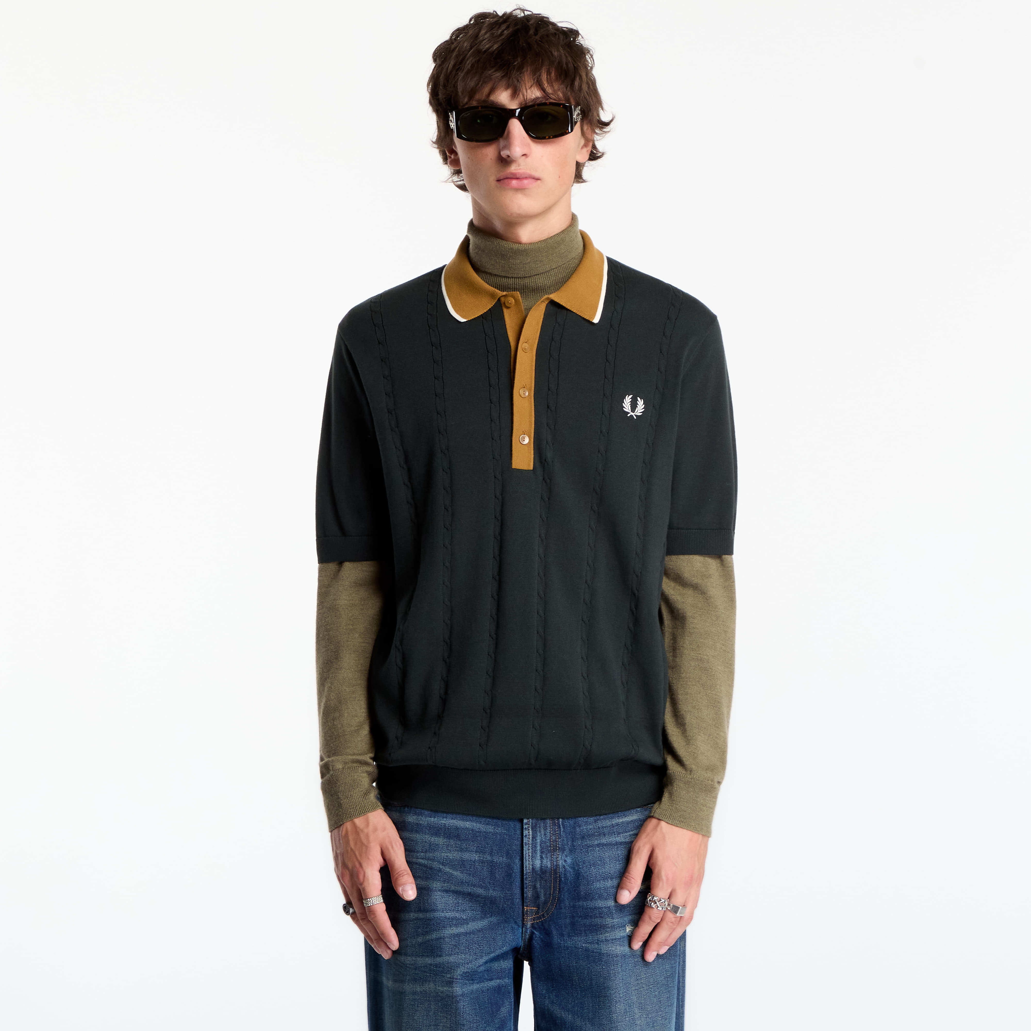 Тениска FRED PERRY Cable Knit Shirt Night Green M