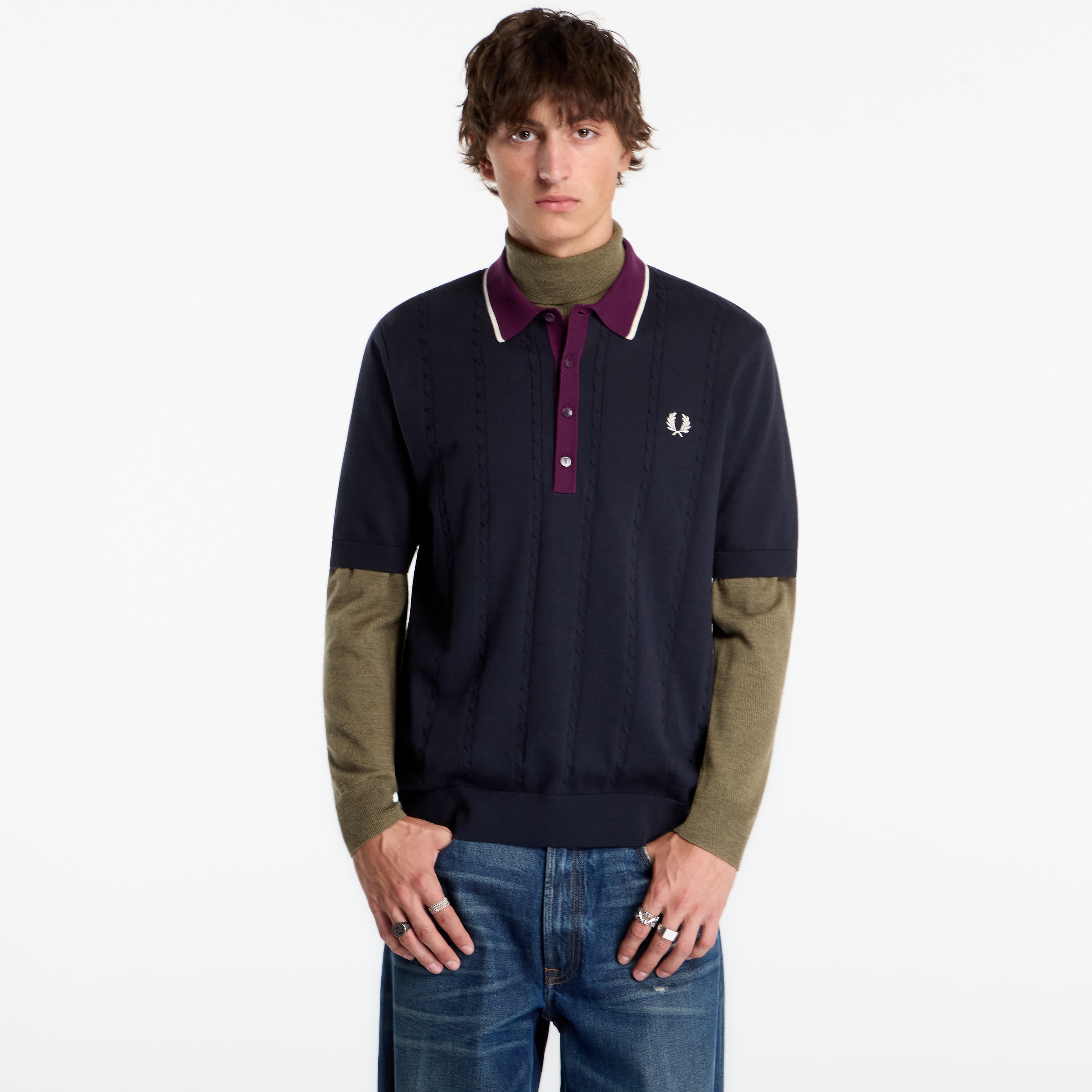 Тениска FRED PERRY Cable Knit Shirt Navy XL