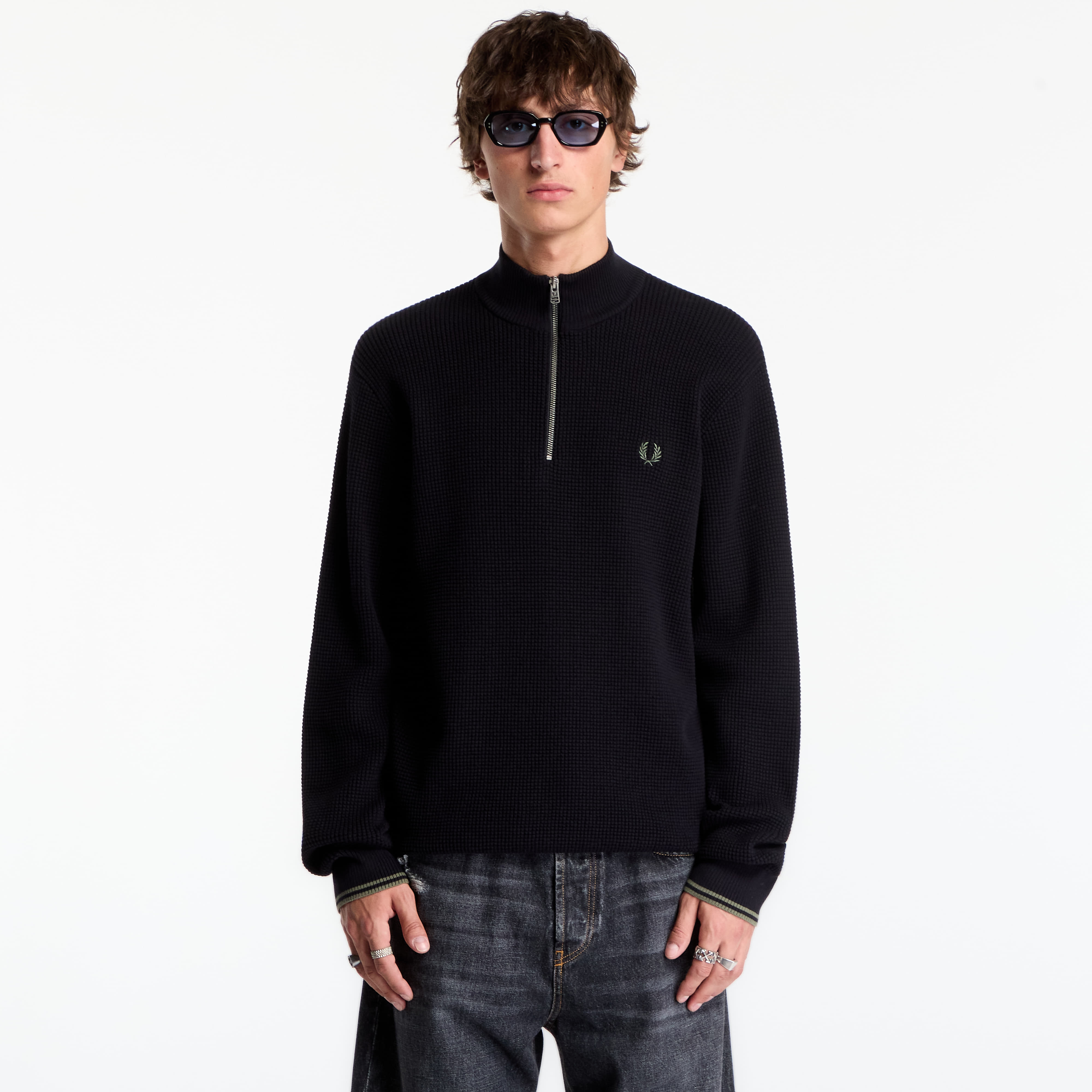 Pulover FRED PERRY Waffle Stitch Half Zip Jumper Black M