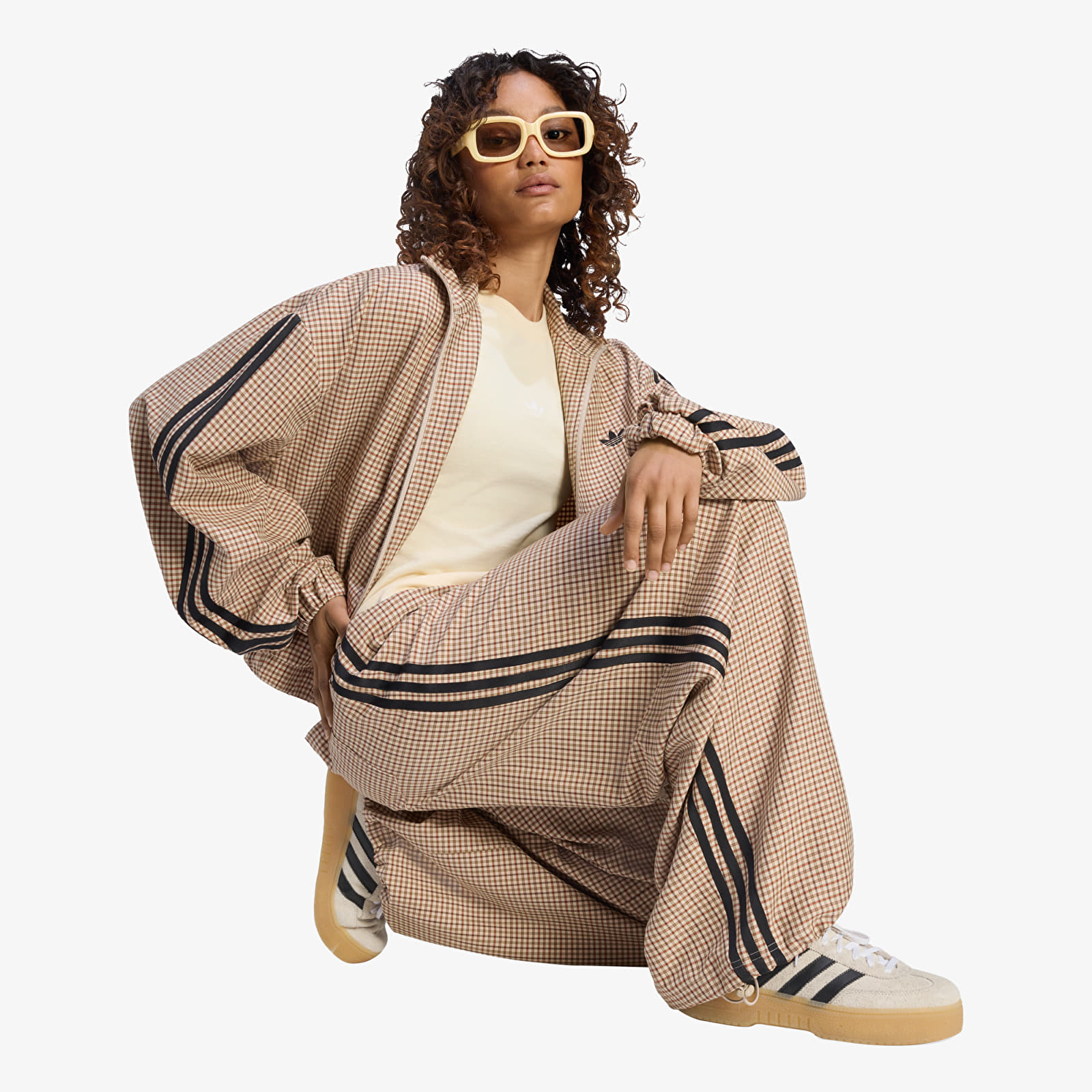 Hosen adidas Checks Trouser Loose Crystal Linen/ Aurora Coffee/ Orbit Green