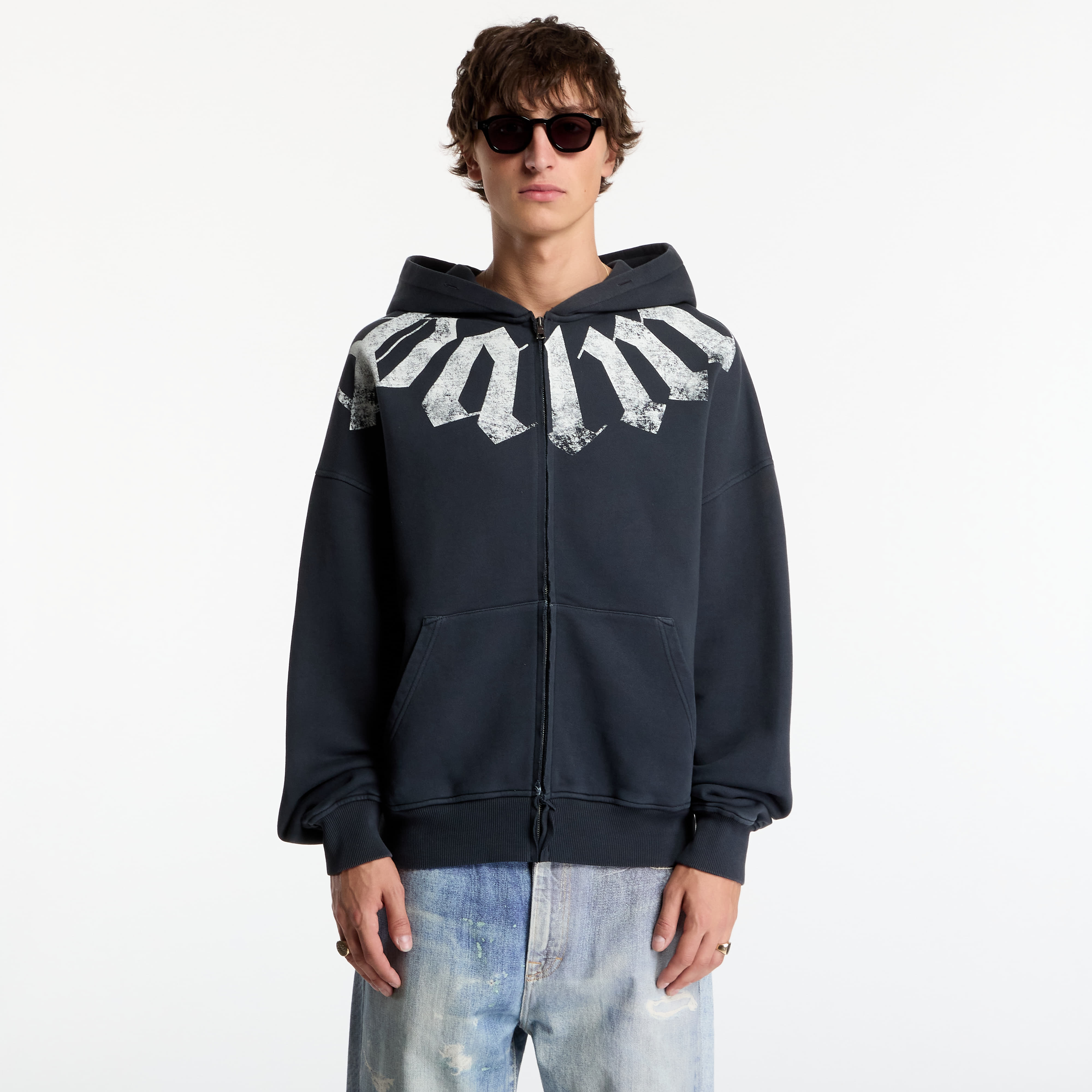 Sweatshirt Palm Angels Big Neck Logo Zip Loose Hoodie Black/ Off White M