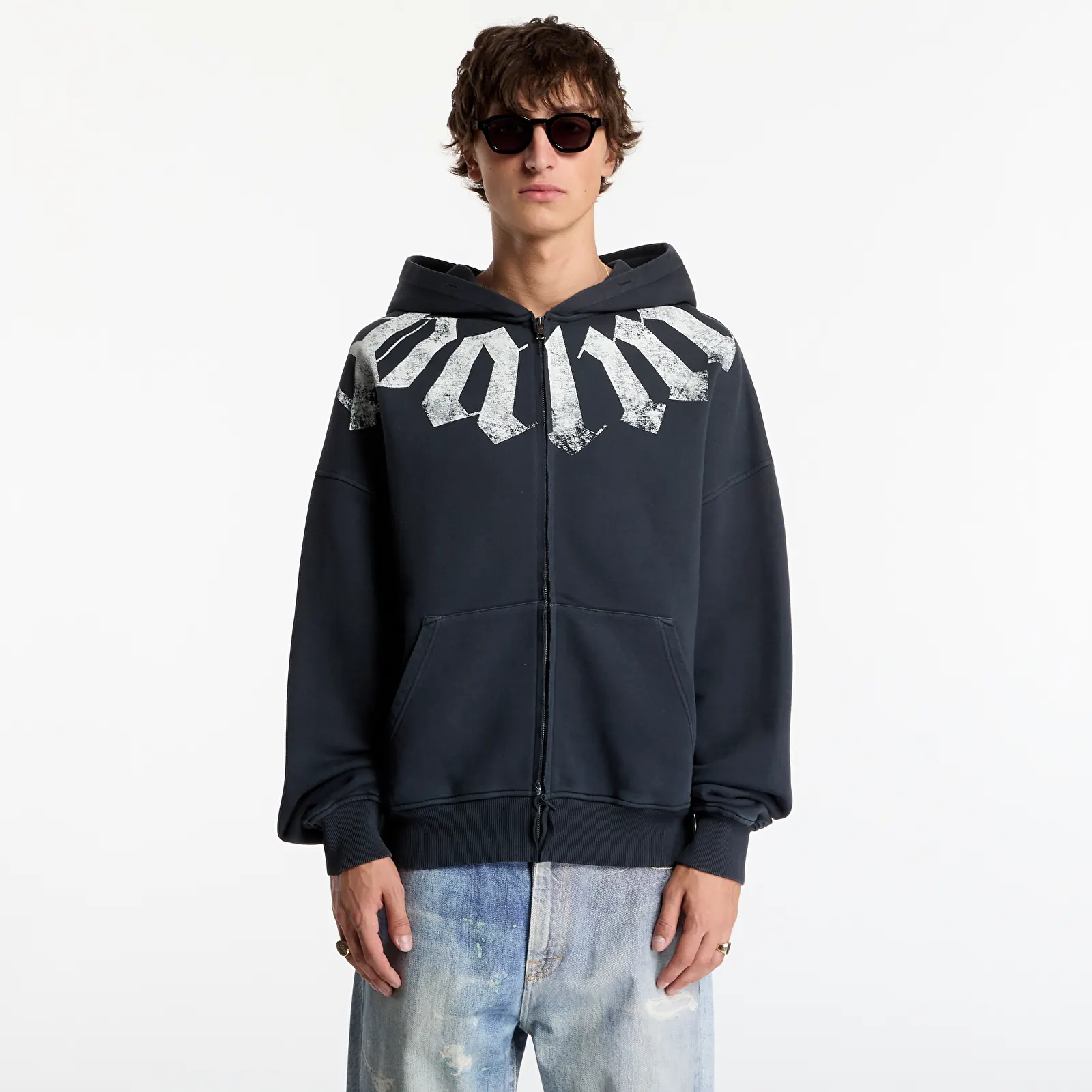 Vīriešu kapuces Palm Angels Big Neck Logo Zip Loose Hoodie Black/ Off White