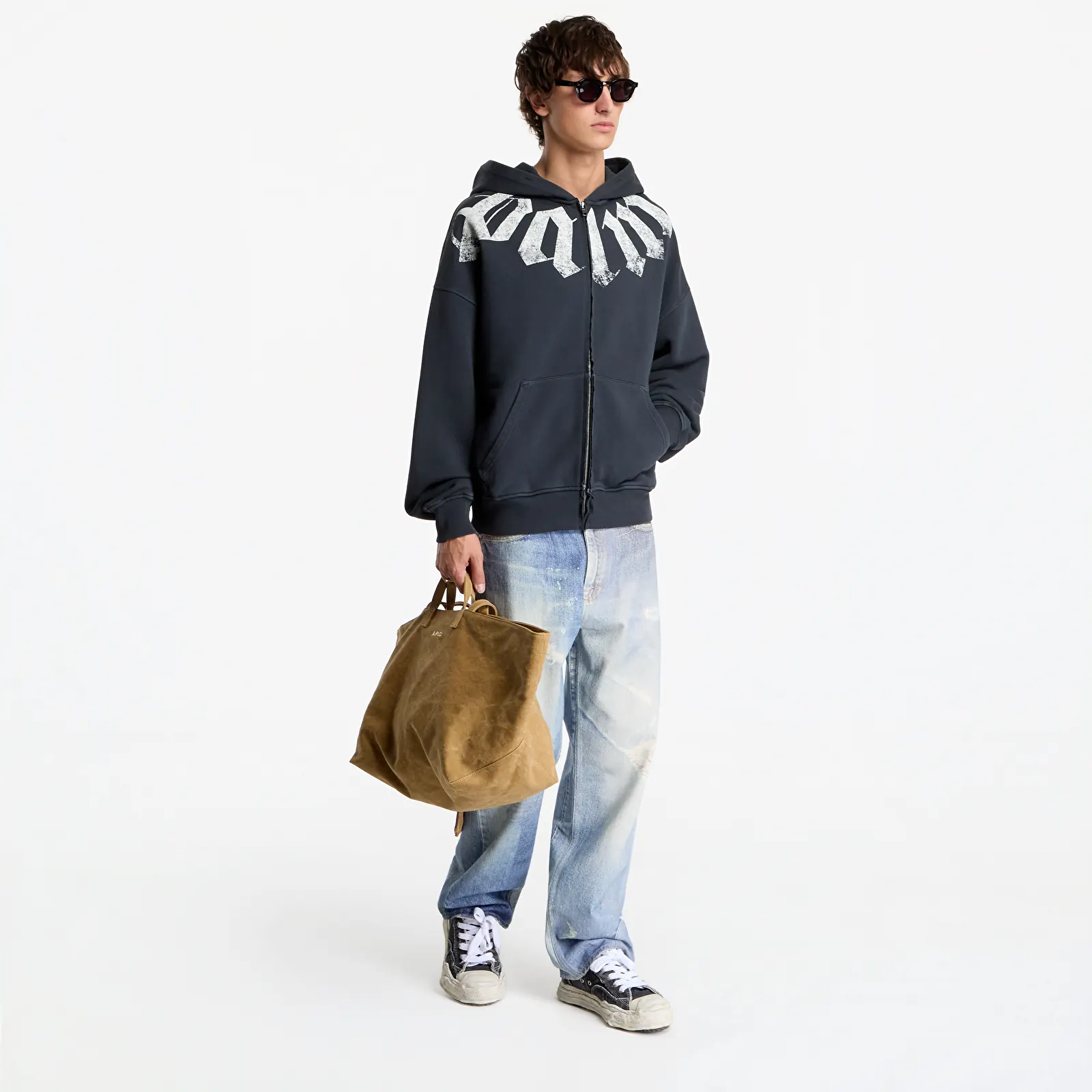 Vīriešu kapuces Palm Angels Big Neck Logo Zip Loose Hoodie Black/ Off White