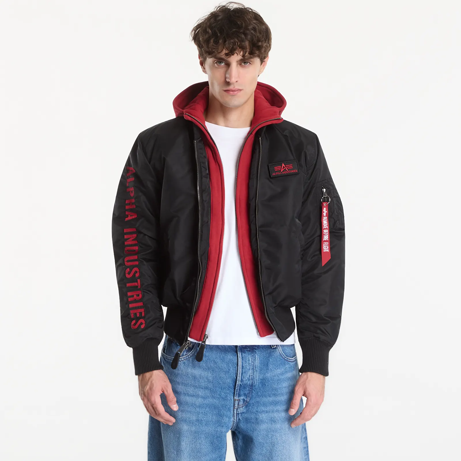 Miesten takit Alpha Industries MA-1 D-Tec Sleeve Embroidery Black/ Red