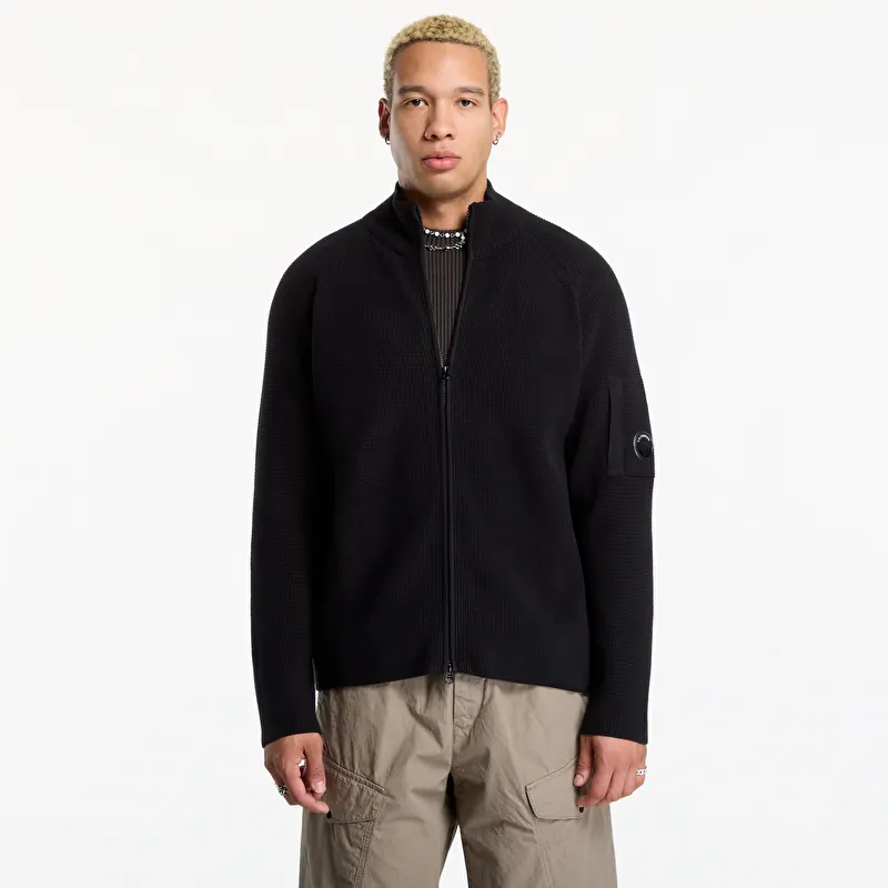 C.P. Company Waffle Knit Cotton Zip Lens Cardigan Black