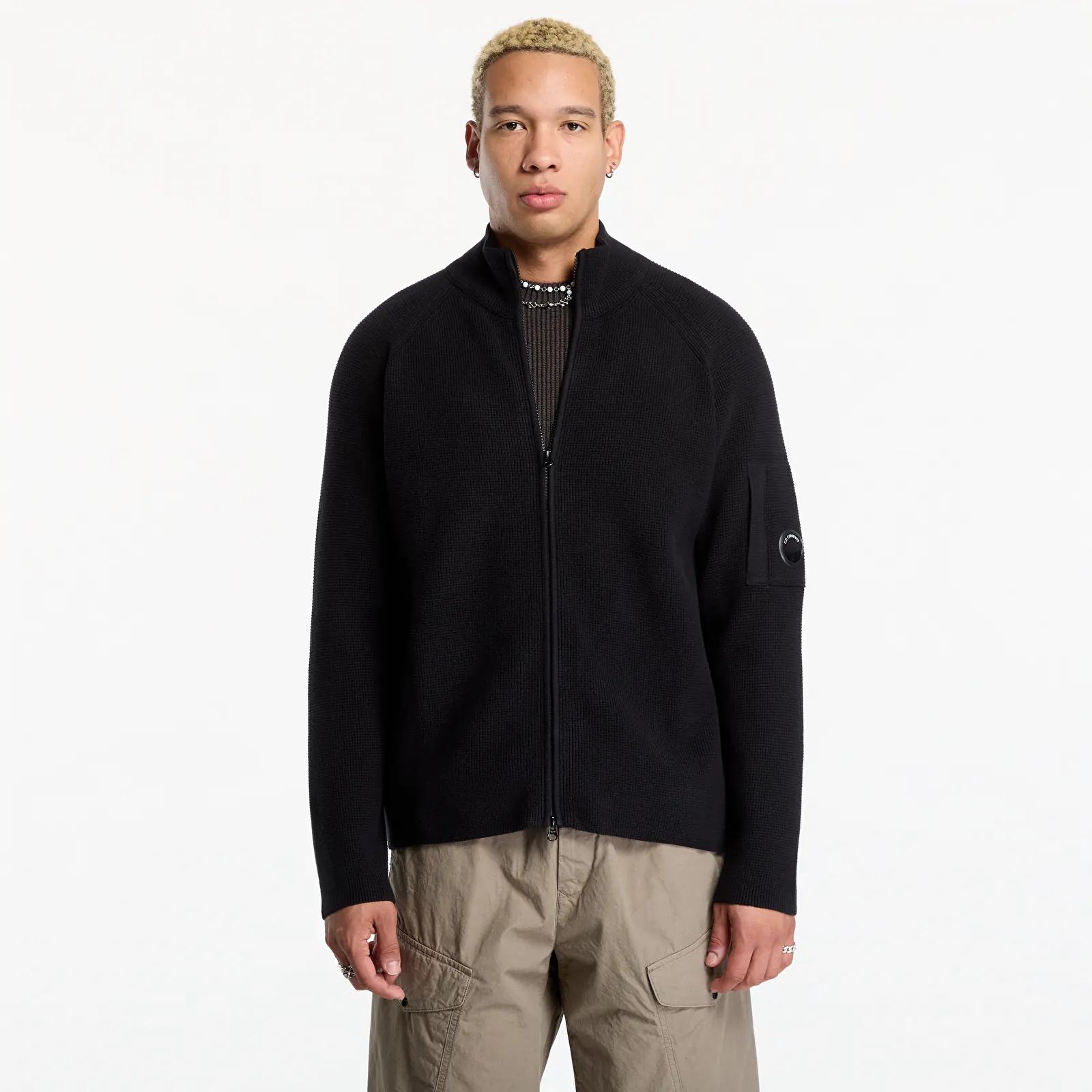 Cardigans C.P. Company Waffle Knit Cotton Zip Lens Cardigan Black