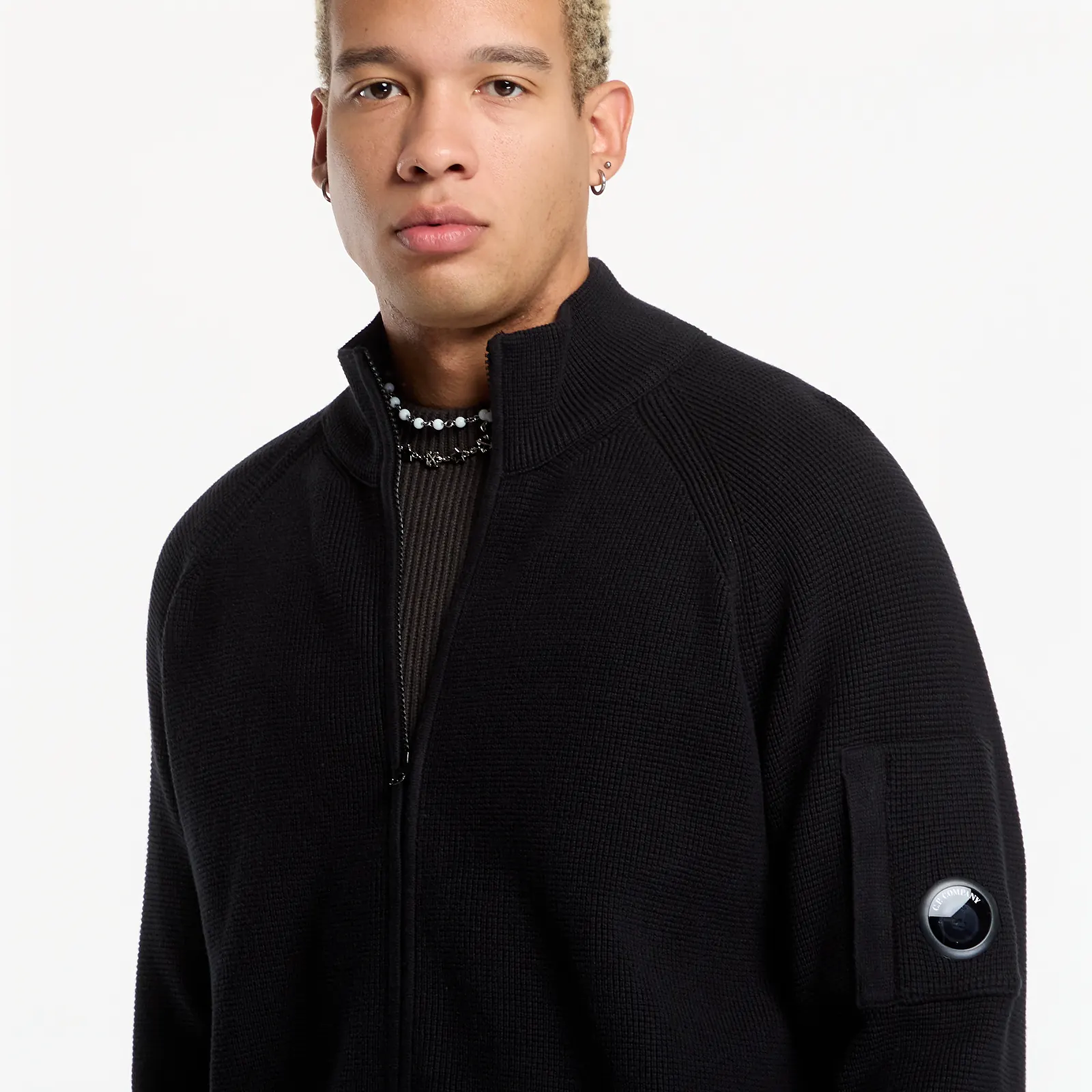 Cardigans C.P. Company Waffle Knit Cotton Zip Lens Cardigan Black