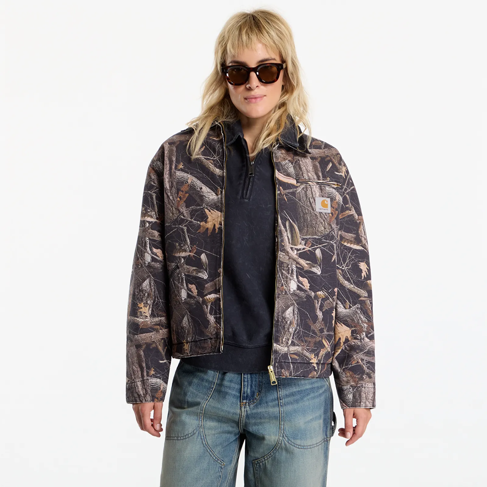 Kabátok Carhartt WIP OG Detroit Jacket UNISEX Camo Feather Tree, Black/ Black Heavy Stone Wash