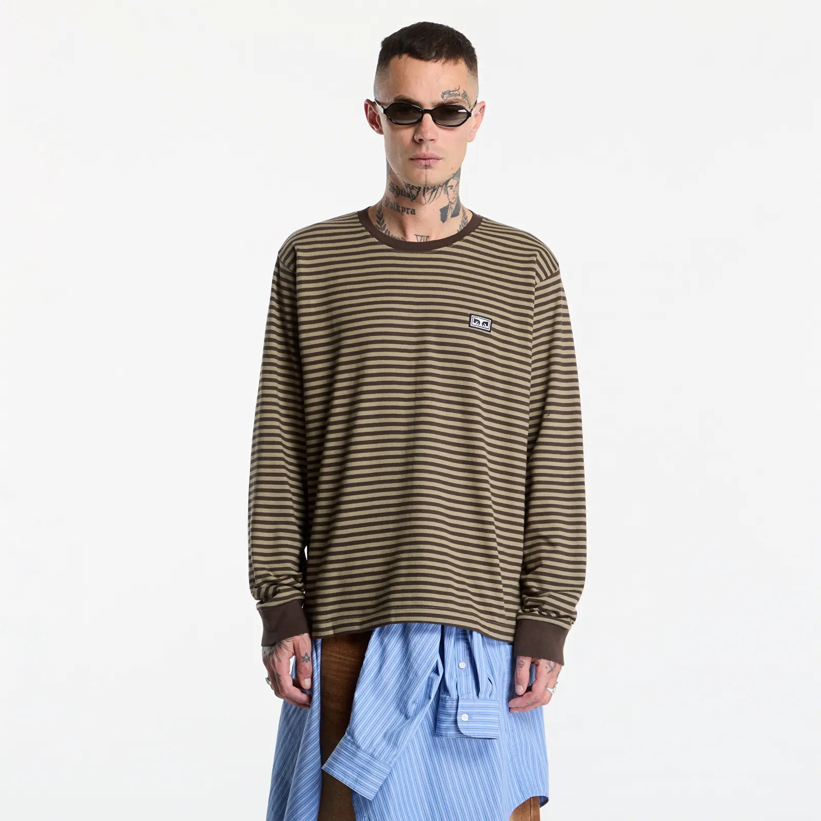 T-shirts  Obey Established Works Eyes Stripe Long Sleeve Black Olive Mulit
