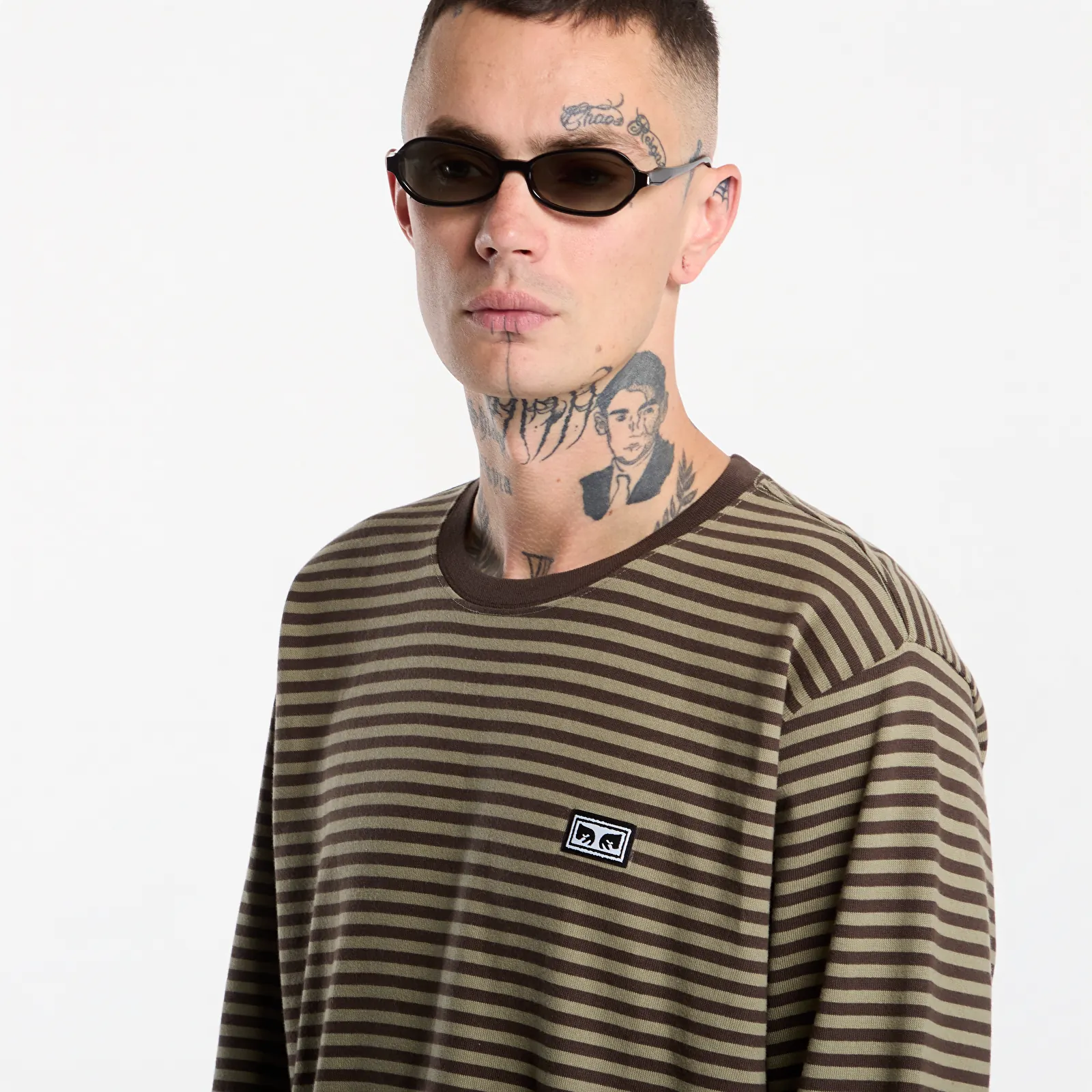 T-shirts  Obey Established Works Eyes Stripe Long Sleeve Black Olive Mulit