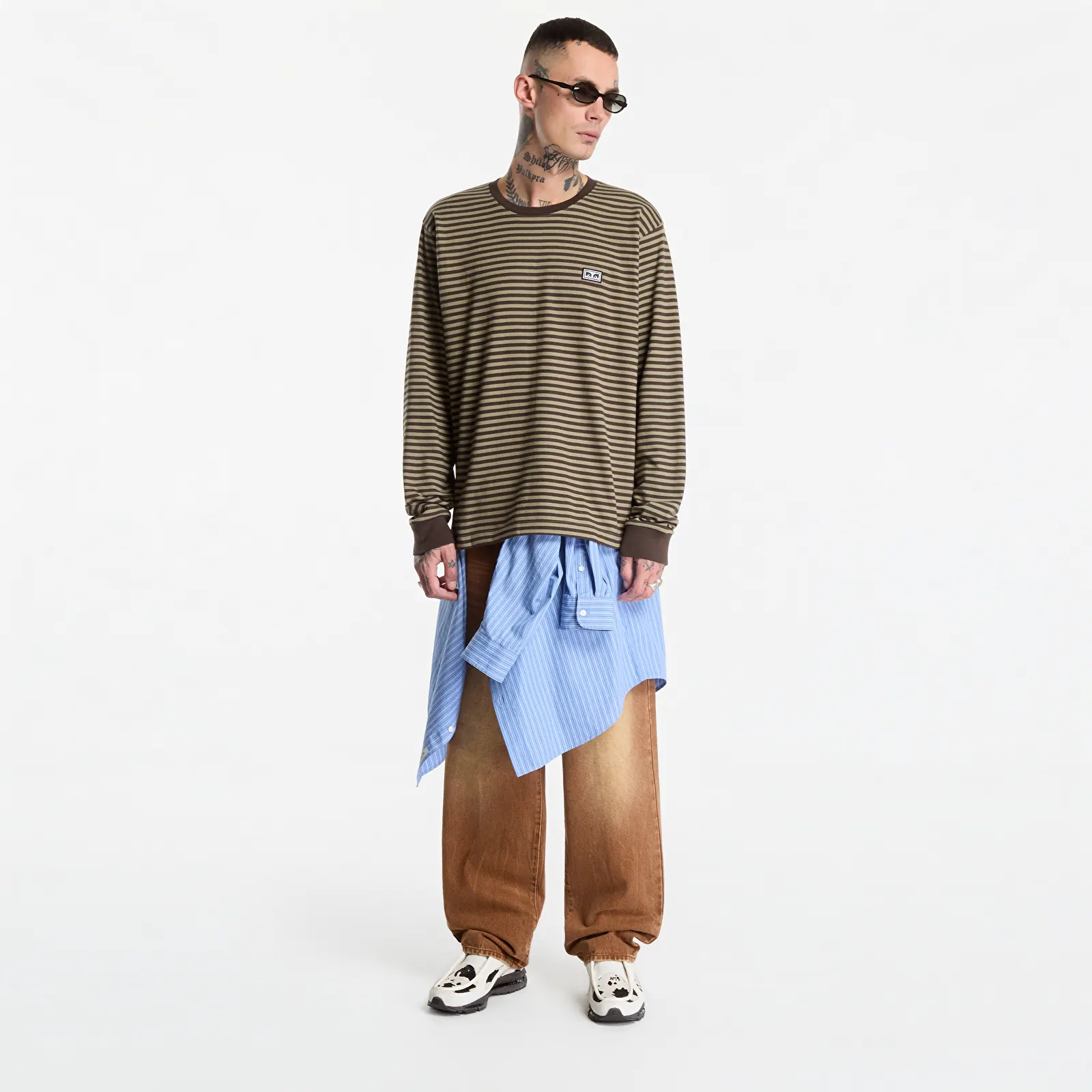 T-shirts  Obey Established Works Eyes Stripe Long Sleeve Black Olive Mulit