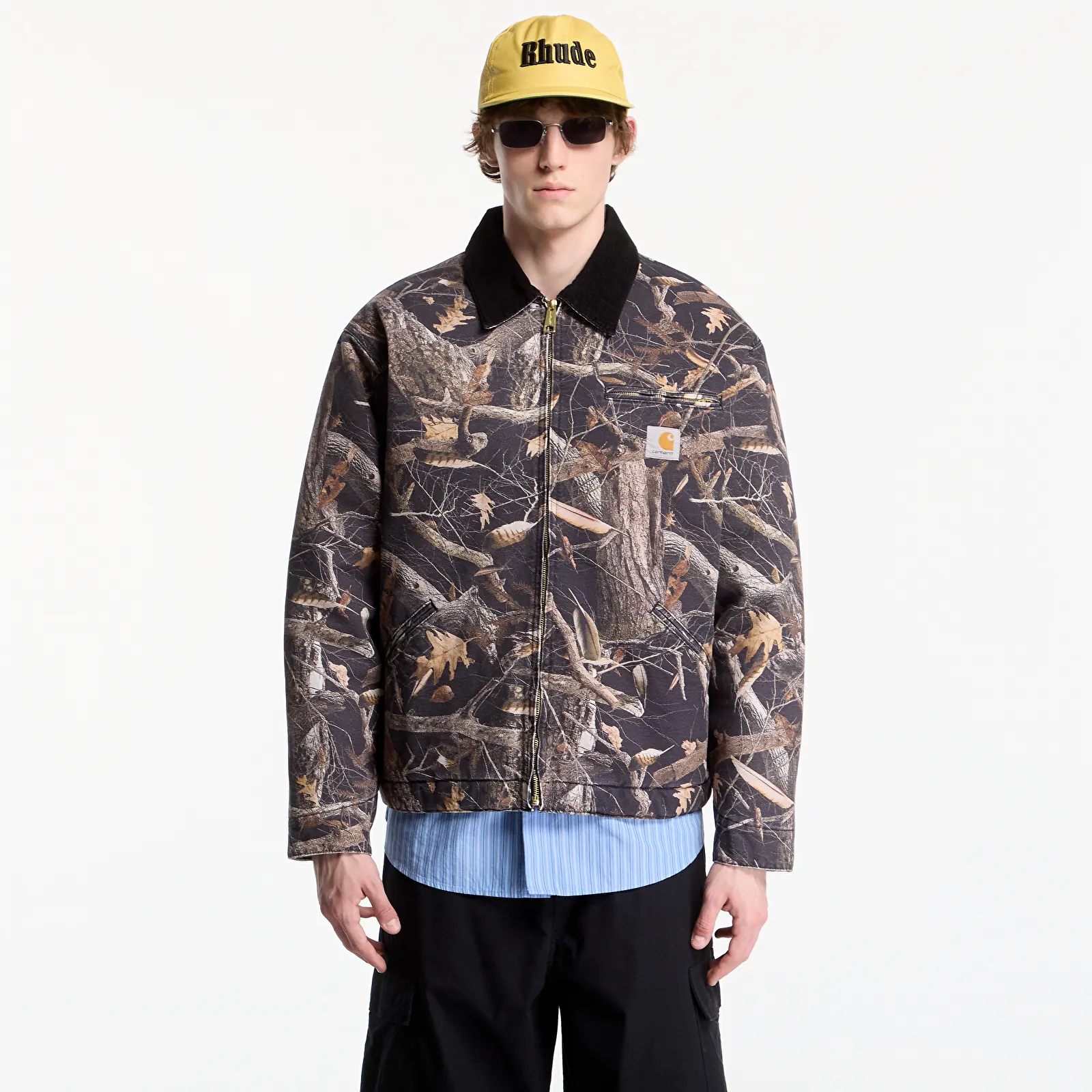 Kabátok Carhartt WIP OG Detroit Jacket UNISEX Camo Feather Tree, Black/ Black Heavy Stone Wash