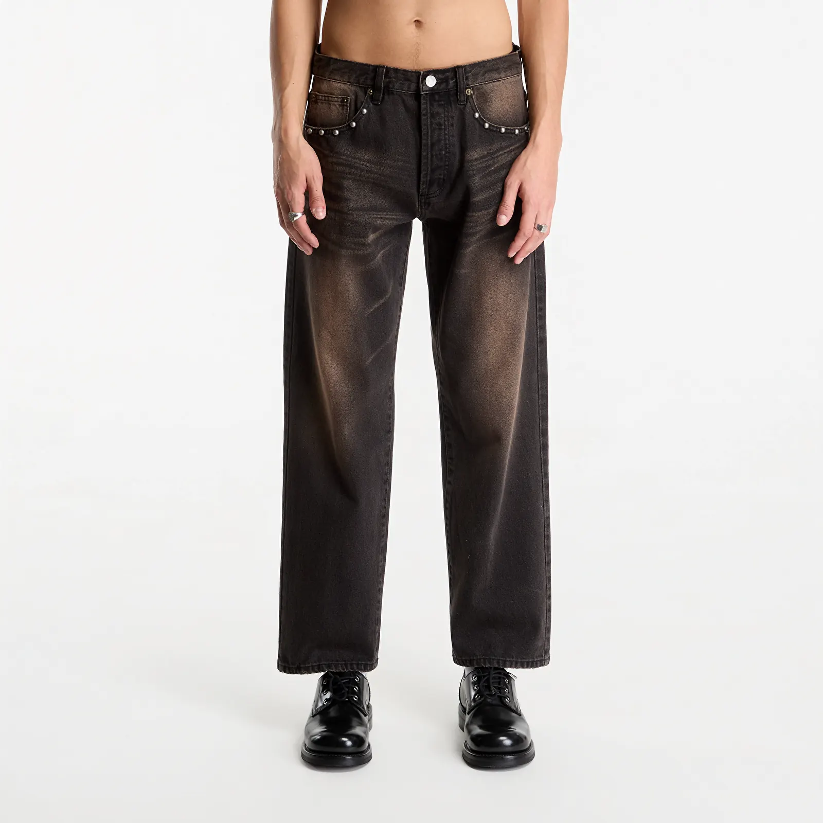 Jeans Obey Studded Boxcar Straight Leg Denim Black Rust Wash