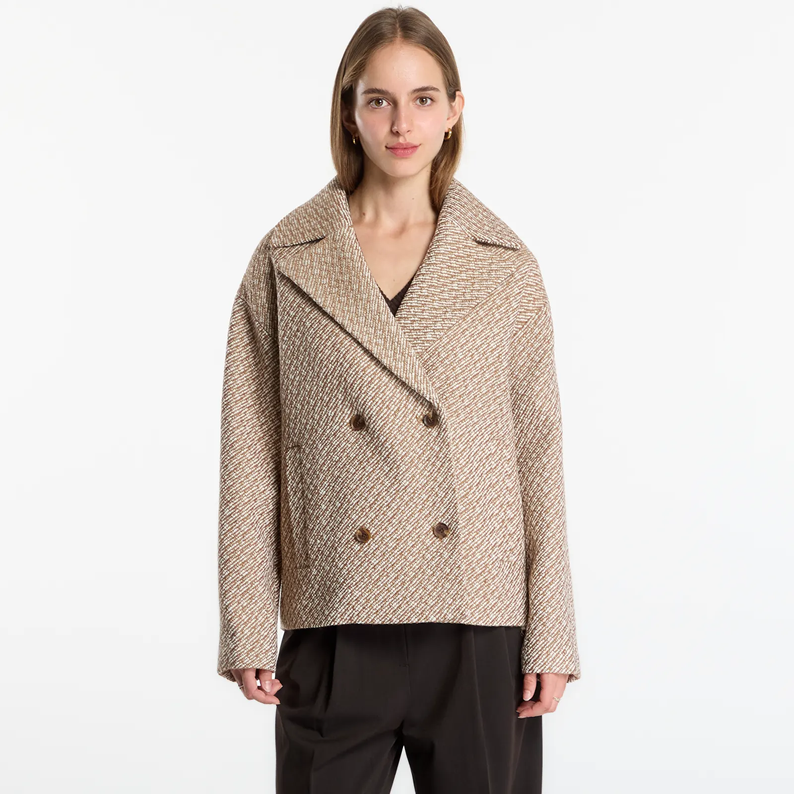 Damesjassen Calvin Klein Relaxed Short Peacoat Executive Brown Ground/ Tofu Twill